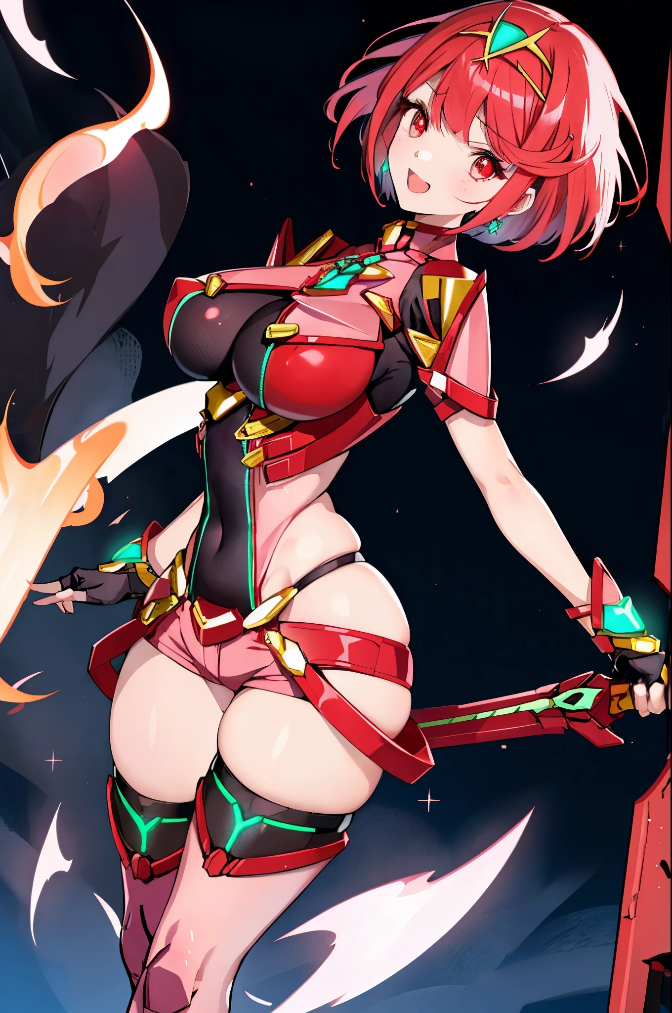 pyra \(xenoblade\), _1girl, armor, bangs, black gloves, breasts, red eyes, closed mouth, earrings, eyelashes, fingerless gloves, floating hair, framed breasts, gem, gloves, hair ornament, headpiece, jewelry, big_breasts, leaning back, leotard, neon trim, official art, pose, red hair, red shorts, saitou masatsugu, short hair, short shorts, short sleeves, shorts, sidelocks, skin tight, solo, standing, swept bangs, thighhighs, tiara, night_prairie_background, turtleneck, underbust, vambraces, xenoblade chronicles \(series\), (xenoblade chronicles 2), apart_legs, fire_effect,dynamic_pose_fighting,light_smile, (plump:1.1), big_ass,huge_sword, hold_large_sword_hilt, solo, covered_nipples, covered_pussy,open_mouth,