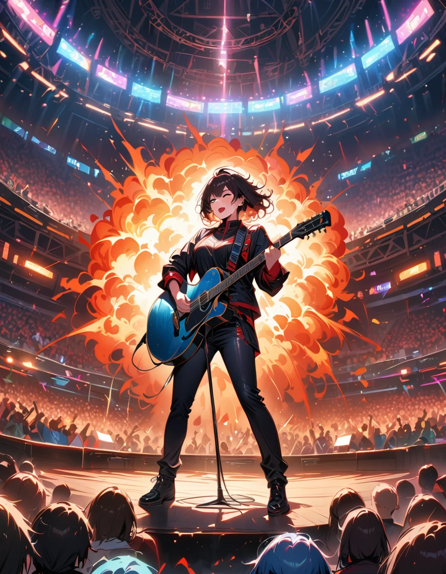 (best quality,4K,8K,high resolution,masterpiece:1.2),Super detailed,(actual,photoactual,photo-actual:1.37),rock star,singer,Guitar,Uniform,Black,tight,golden accents,spacewalk,hysterical singing,Stage lighting,rebellious,glitch art,bright colors,Energetic performance,electric atmosphere,loud music,screaming fans,Huge speakers,Fiery explosion,dynamic poses,Smoke and fog effects,expressive face,rotating lights,Flash,dark background,edgy style,wild hair,microphone stand,Guitar声音失真,rock music,Celebrity,电Guitar独奏,huge concert stage,strut on stage,Condescending,Emotional intensity,Loud and heavy drum beat,Electric energy,Stage fireworks,Powerful vocal performance,the stadium has a full crowd,thousands of fans,Roaring crowd,flash,electric atmosphere,sweaty and Energetic performance,legendary figures,Acting skills,standing ovation