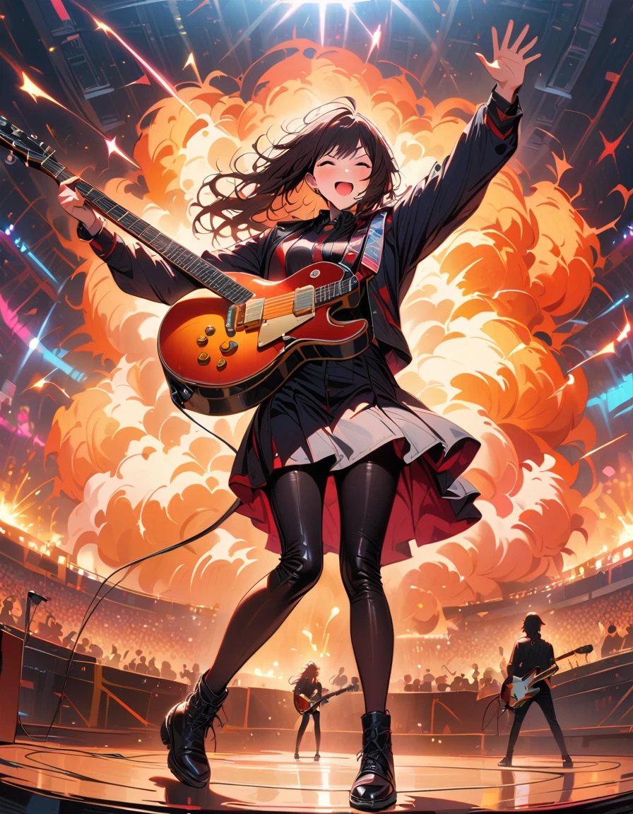 (best quality,4K,8K,high resolution,masterpiece:1.2),Super detailed,(actual,photoactual,photo-actual:1.37),rock star,singer,Guitar,Uniform,Black,tight,golden accents,spacewalk,hysterical singing,Stage lighting,rebellious,glitch art,bright colors,Energetic performance,electric atmosphere,loud music,screaming fans,Huge speakers,Fiery explosion,dynamic poses,Smoke and fog effects,expressive face,rotating lights,Flash,dark background,edgy style,wild hair,microphone stand,Guitar声音失真,rock music,Celebrity,电Guitar独奏,huge concert stage,strut on stage,Condescending,Emotional intensity,Loud and heavy drum beat,Electric energy,Stage fireworks,Powerful vocal performance,the stadium has a full crowd,thousands of fans,Roaring crowd,flash,electric atmosphere,sweaty and Energetic performance,legendary figures,Acting skills,standing ovation