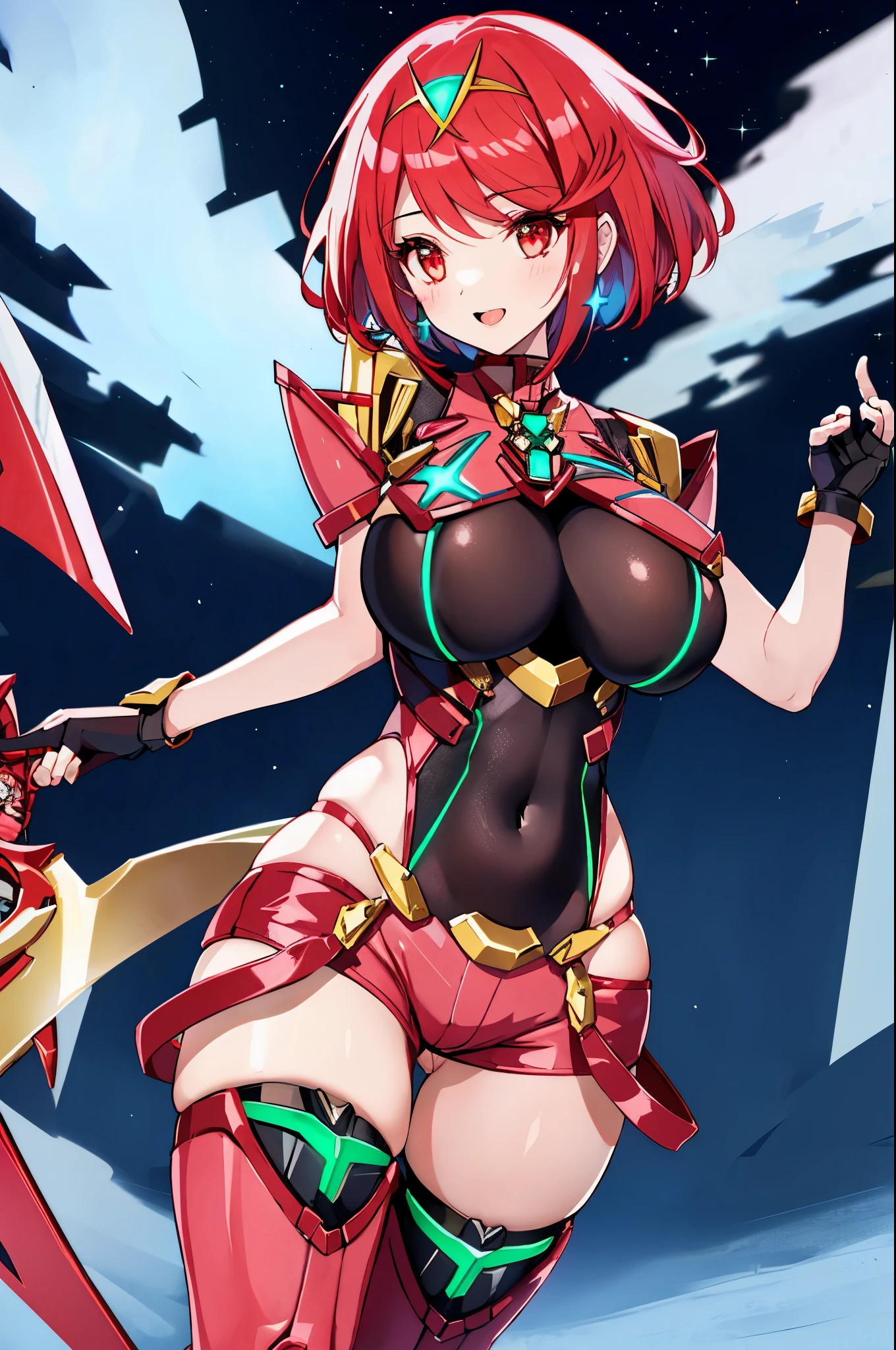 pyra \(xenoblade\), _1girl, armor, bangs, black gloves, breasts, red eyes, closed mouth, earrings, eyelashes, fingerless gloves, floating hair, framed breasts, gem, gloves, hair ornament, headpiece, jewelry, big_breasts, leaning back, leotard, neon trim, official art, pose, red hair, red shorts, saitou masatsugu, short hair, short shorts, short sleeves, shorts, sidelocks, skin tight, solo, standing, swept bangs, thighhighs, tiara, night_prairie_background, turtleneck, underbust, vambraces, xenoblade chronicles \(series\), (xenoblade chronicles 2), apart_legs, fire_effect,dynamic_pose_fighting,light_smile, (plump:1.1), big_ass,huge_sword, hold_large_sword_hilt, solo, covered_nipples, covered_pussy,open_mouth,