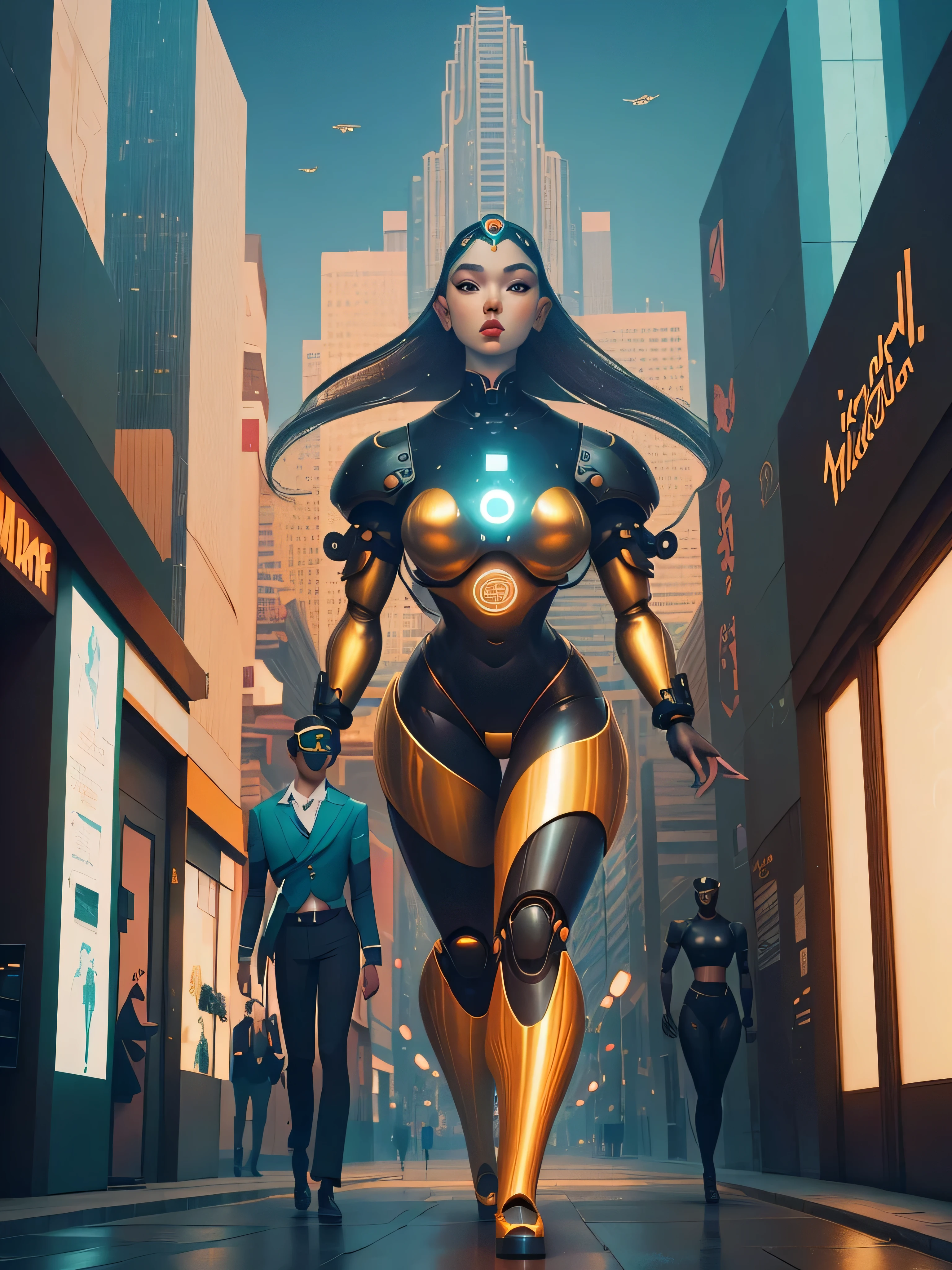 by Michael Parkes and Diego Rivera, (retro futurism , digital art but extremely beautiful:1.4 Step into the bustling streets of Mexico, a metropolis where the neon glow of skyscrapers reflects off sleek, hovering drones zipping through the air. Here, humanoid robots serve as assistants in shops and cafes, their movements fluid and lifelike. As you navigate the city's labyrinthine alleyways, you'll encounter holographic displays projecting virtual art exhibits and interactive advertisements, blurring the line between the physical and digital realms.
