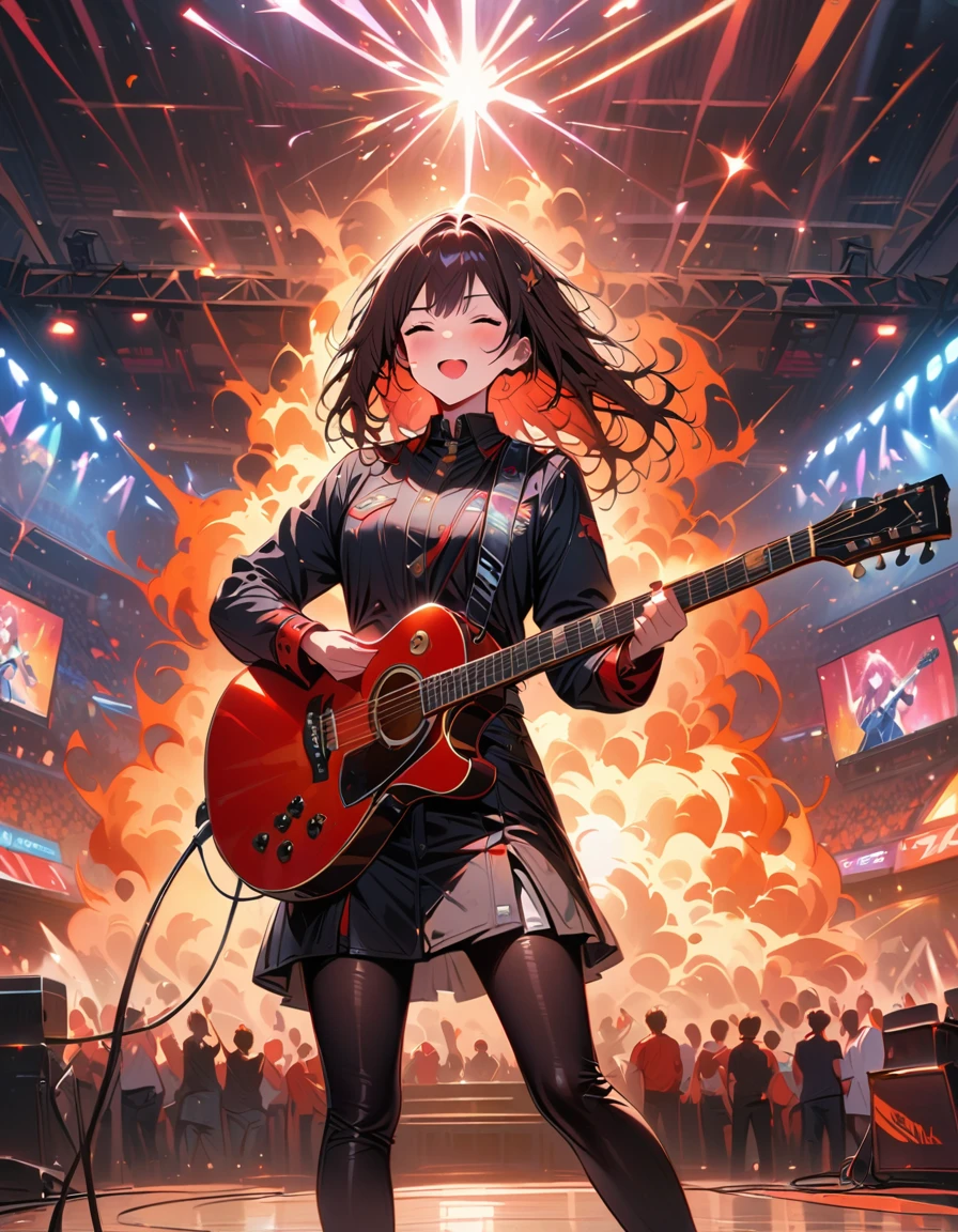 (best quality,4K,8K,high resolution,masterpiece:1.2),Super detailed,(actual,photoactual,photo-actual:1.37),rock star,singer,Guitar,Uniform,Black,tight,golden accents,spacewalk,hysterical singing,Stage lighting,rebellious,glitch art,bright colors,Energetic performance,electric atmosphere,loud music,screaming fans,Huge speakers,Fiery explosion,dynamic poses,Smoke and fog effects,expressive face,rotating lights,Flash,dark background,edgy style,wild hair,microphone stand,Guitar声音失真,rock music,Celebrity,电Guitar独奏,huge concert stage,strut on stage,Condescending,Emotional intensity,Loud and heavy drum beat,Electric energy,Stage fireworks,Powerful vocal performance,the stadium has a full crowd,thousands of fans,Roaring crowd,flash,electric atmosphere,sweaty and Energetic performance,legendary figures,Acting skills,standing ovation