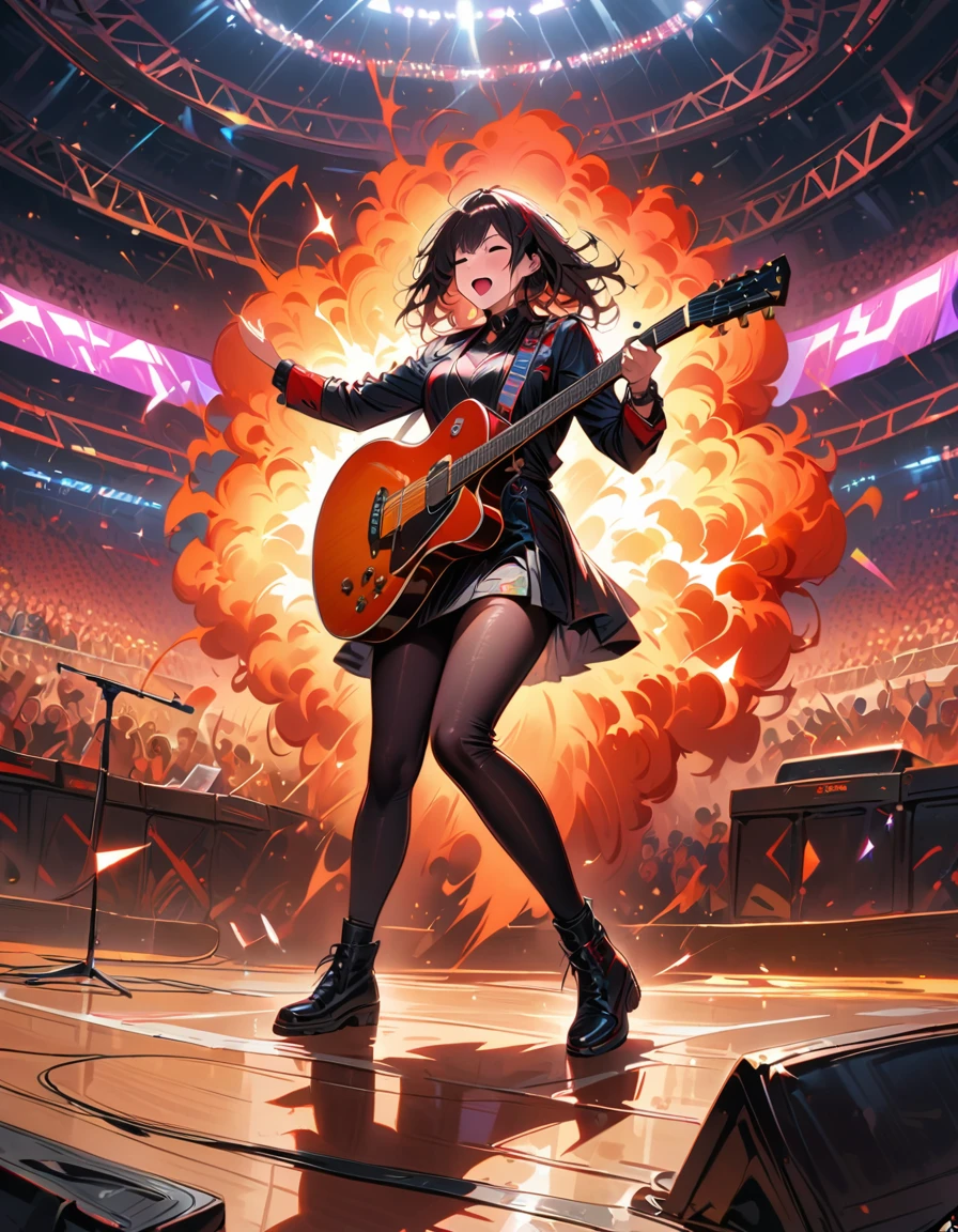 (best quality,4K,8K,high resolution,masterpiece:1.2),Super detailed,(actual,photoactual,photo-actual:1.37),rock star,singer,Guitar,Uniform,Black,tight,golden accents,spacewalk,hysterical singing,Stage lighting,rebellious,glitch art,bright colors,Energetic performance,electric atmosphere,loud music,screaming fans,Huge speakers,Fiery explosion,dynamic poses,Smoke and fog effects,expressive face,rotating lights,Flash,dark background,edgy style,wild hair,microphone stand,Guitar声音失真,rock music,Celebrity,电Guitar独奏,huge concert stage,strut on stage,Condescending,Emotional intensity,Loud and heavy drum beat,Electric energy,Stage fireworks,Powerful vocal performance,the stadium has a full crowd,thousands of fans,Roaring crowd,flash,electric atmosphere,sweaty and Energetic performance,legendary figures,Acting skills,standing ovation