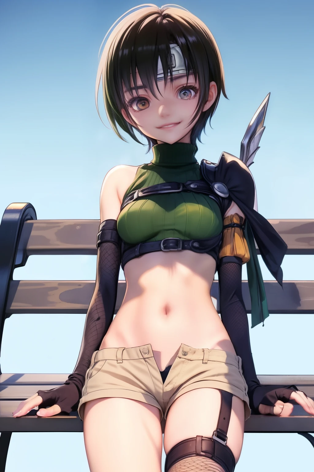 yuffiekisaragi, Yuffie Kisaragi,Haircuts, pixie cut,
壊す crop top, fingerless gloves, fishnet Thighhighs, fishnet, forehead protector, gloves, head band, belly button, short shorts, shorts, single sleeve, single thigh high, No sleeve, No sleeve turtleneck, Thighhighs, turtleneck,
bench、blue sky、smile, solo