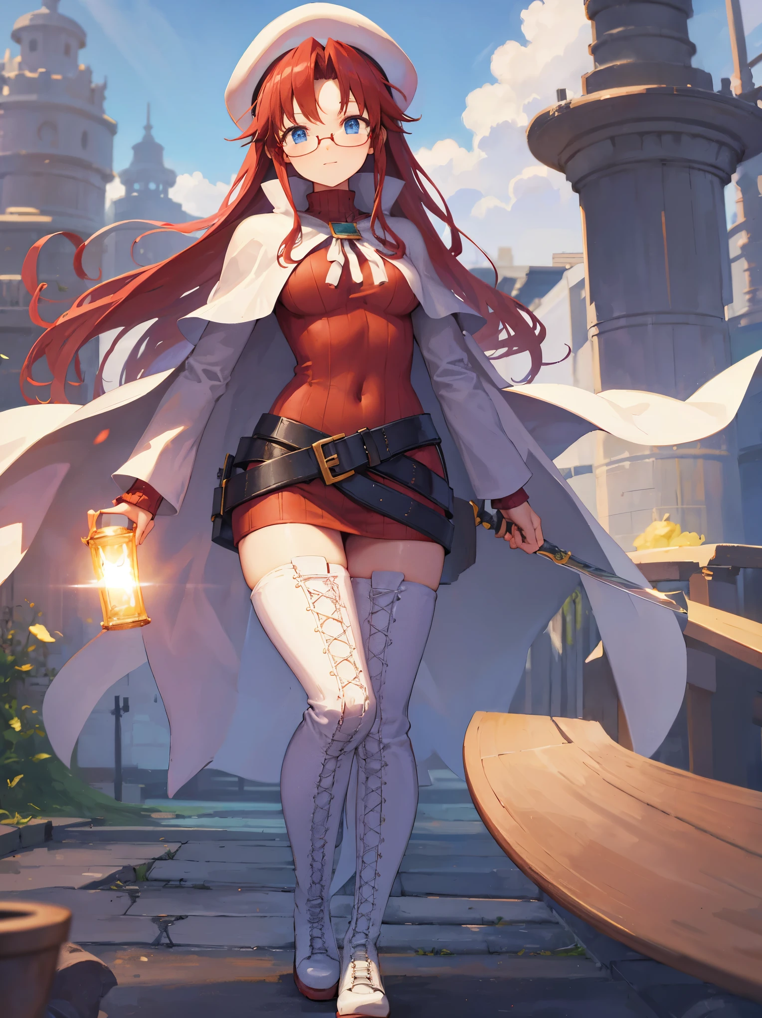 summonnightaty, aty, long hair, blue eyes, red hair, beret, hat, glasses,
BREAK long hair, thighhighs, hat, dress, boots, glasses, belt, cape, sweater, zettai ryouiki, beret, thigh boots, white footwear, ribbed sweater, loose belt,solo,
BREAK outdoors, fantasy,on_a_ship,
BREAK (masterpiece:1.2), best quality, high resolution, unity 8k wallpaper, (illustration:0.8), (beautiful detailed eyes:1.6), extremely detailed face, perfect lighting, extremely detailed CG, (perfect hands, perfect anatomy),covered_nipples,covered_navel,light_smile ,(half_eyes:1.4),sword,armpit,sleepy,dynamic_standing,barrel,red_sweater,apart_legs,magical_effect,pulmp,big_tits,