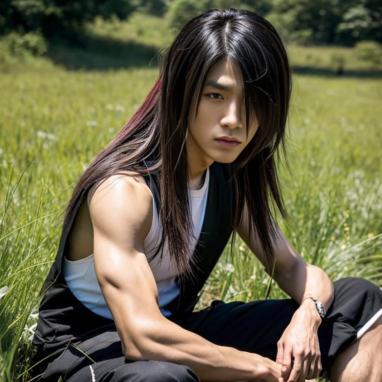 1 man, Japanese man, male, Asian eyes, muscular, broad shoulders, dragon tattoos, hairstyle Visual Kei style, hair Visual Kei, black men's shirt and black pants, ultra detailed face, hyperrealistic, realistic representation, long hair, long hair, 30 years old, age 30 years, blond, blonde hair, sitting on a meadow behind him is a temple to dojo