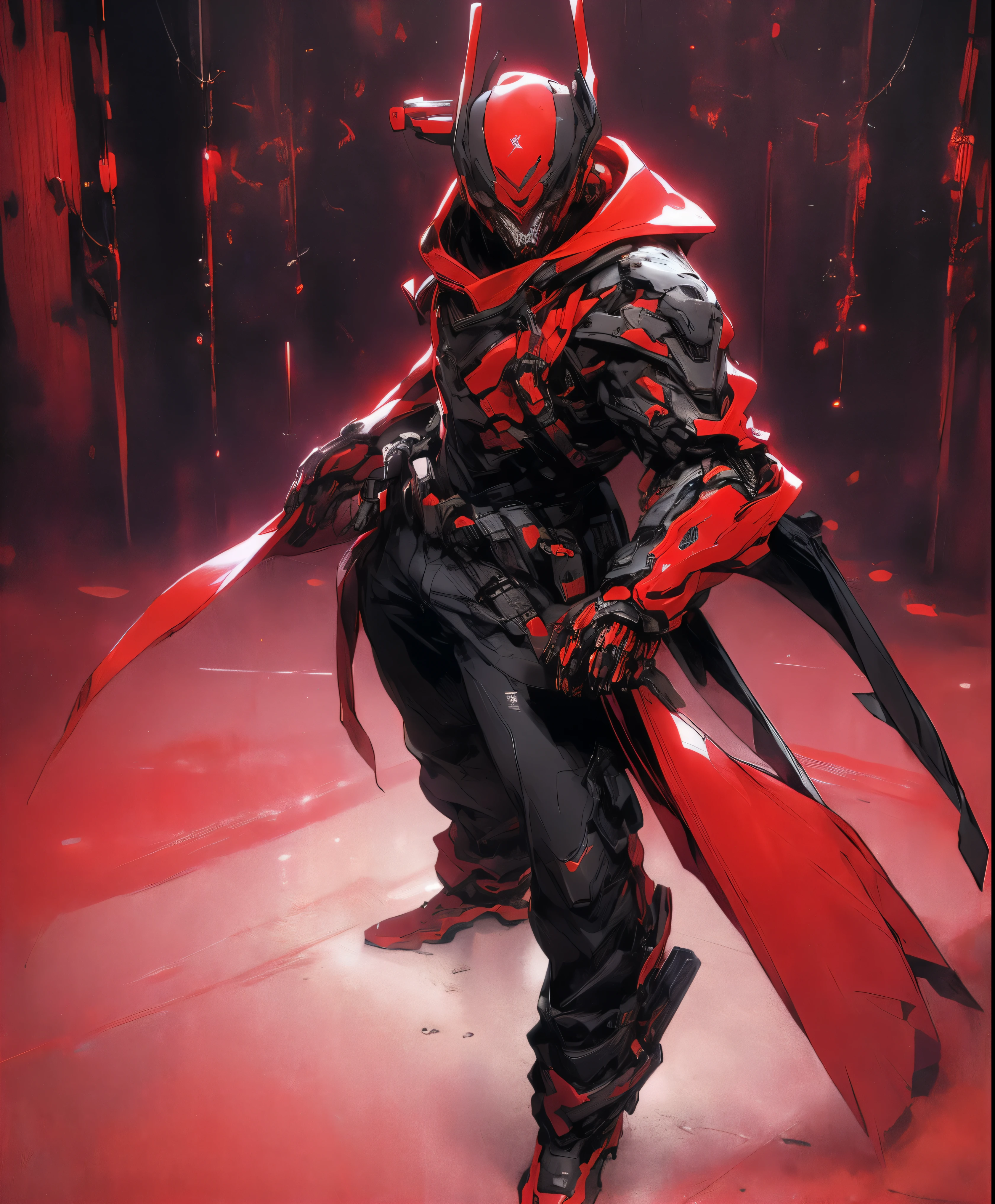 a man in a red jacket and black pants standing in a dark room, wearing cultist red robe, crimson attire, character from mortal kombat, as a character in tekken, fighting game character, cyberpunk assassin, red hooded mage, cyberpunk outfits, crimson clothes, the red ninja, wearing leather assassin armor, an edgy teen assassin, cool red jacket, cyberpunk street goon