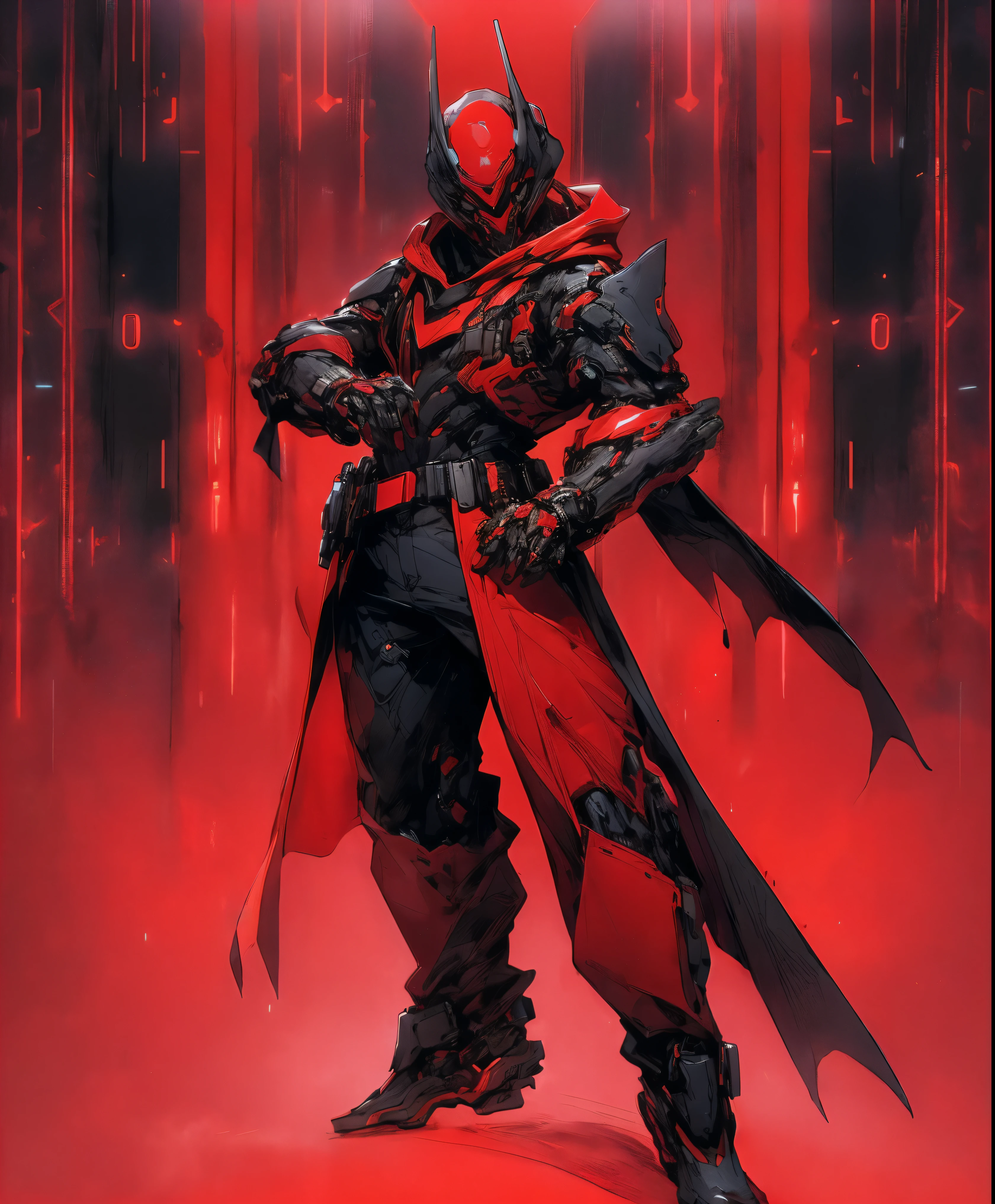 a man in a red jacket and black pants standing in a dark room, wearing cultist red robe, crimson attire, character from mortal kombat, as a character in tekken, fighting game character, cyberpunk assassin, red hooded mage, cyberpunk outfits, crimson clothes, the red ninja, wearing leather assassin armor, an edgy assassin, cool red jacket, cyberpunk street goon