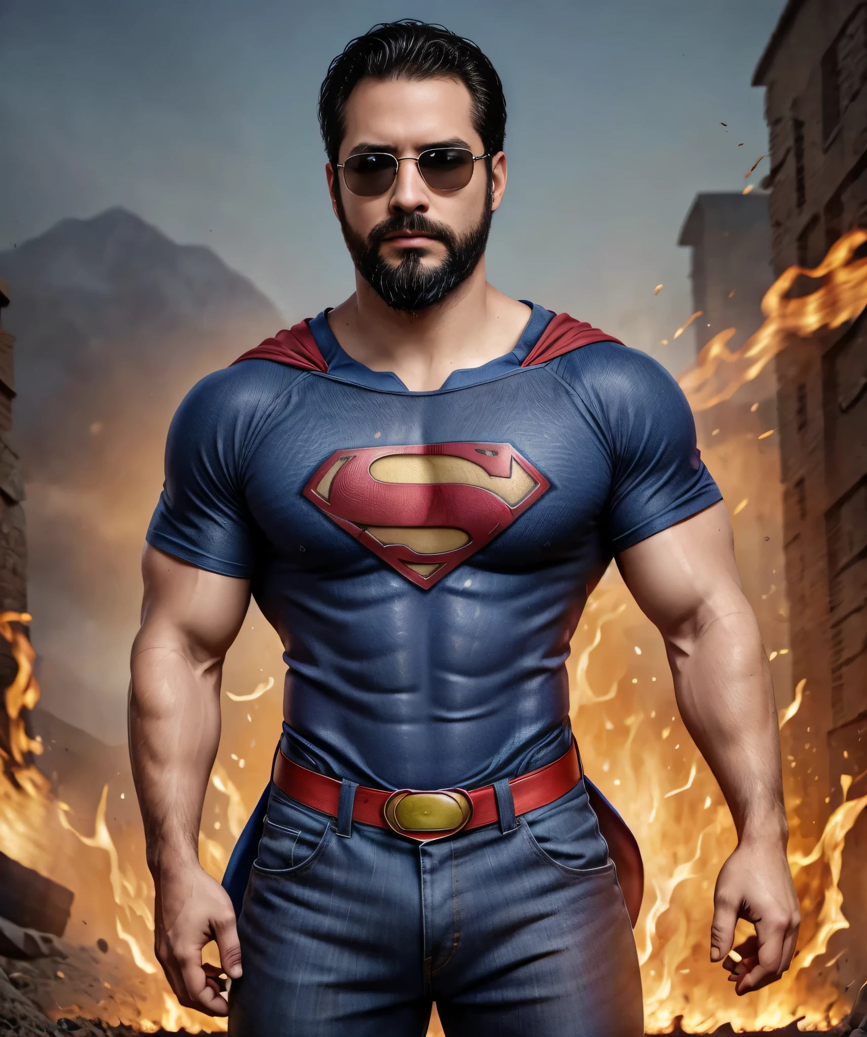 Obra maestra, desenfoque de campo, Parte superior del cuerpo, Hands in pants pockets, 38 year old man with beard and square sunglasses. Man wearing a shirt with a color gradient in Superman movie with a firestorm in the background.