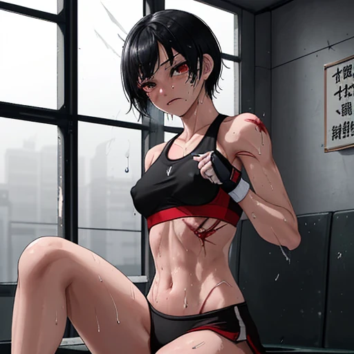 full of blood、A beautiful high school girl mixed martial artist covered in scars。After losing a match、Sitting in the waiting room、I'm in tears of regret。Disappointed、looking down。Fighting inside the Octagon。I'm soaked in sweat。open finger gloves。sports bra。bikini。erect nipples。black hair short cut。