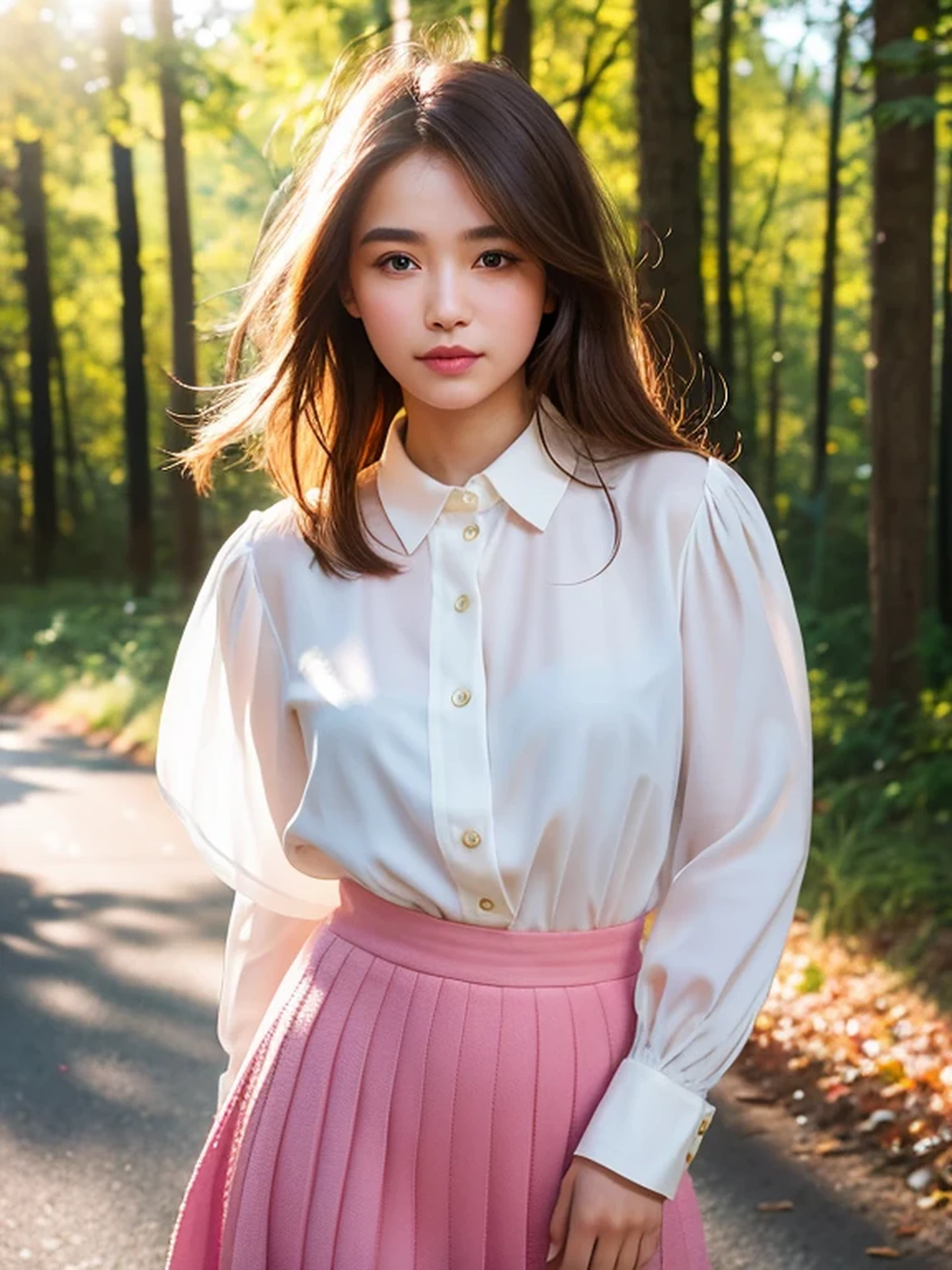 masterpiece, Best Quality, Raw photo, 8K, ultra-detailed face, 1girl, Beautiful detailed skin, backlight, soft light, bashful, (shoot from front:1.2), sad, open your mouth to say something, Luminescent, Anatomically correct, Medium hair, hair blown by the wind, Eyes and faces with detailed, Textured skin, Professional Photography, Bokeh, Portrait, Professional Lighting, Solo, Cute, Girly, Film grain, silk blouse, skirt, outside, forest shining in the morning sun,