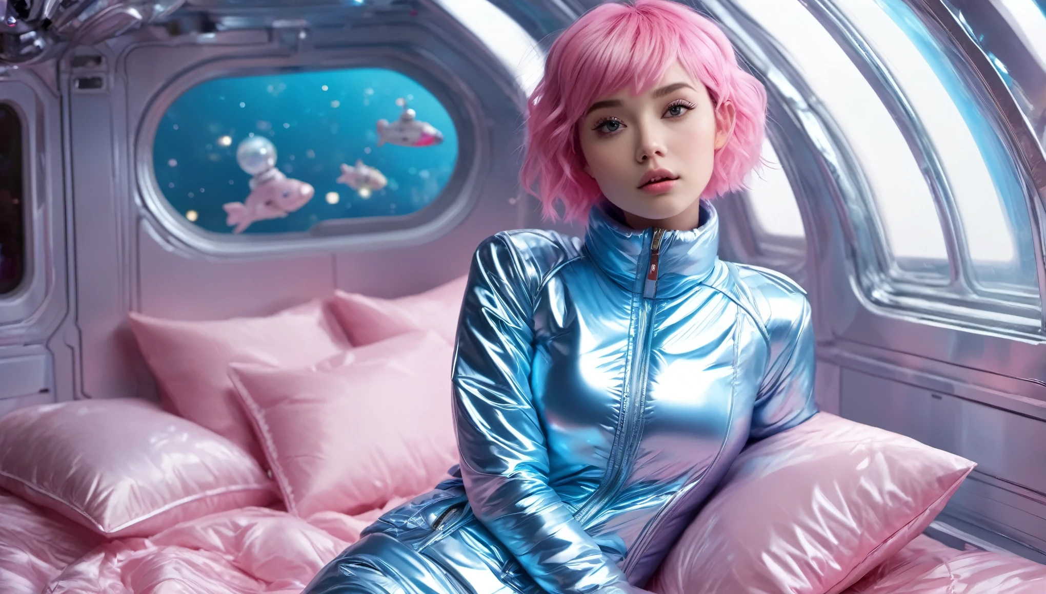 Masterpiece, Best Quality, ((cute girl in a shiny puffer,  light blue, pink, short sleeves, small perky breasts, extremely detailed face, detailed eyes, detailed lips, random short hairstyle, small hips, in a spaceship, on a bed, full body view))