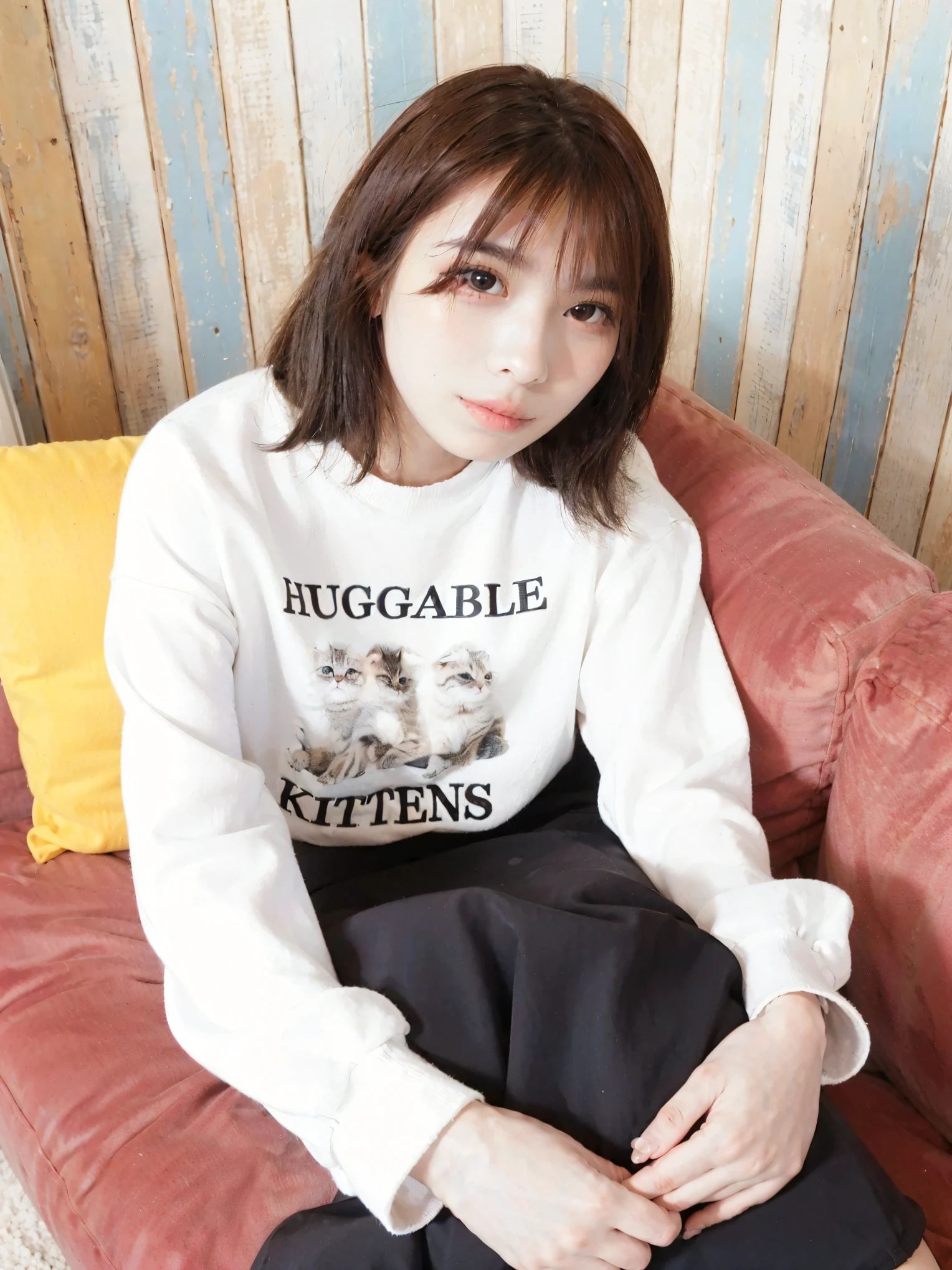 araffed woman sitting on a couch with a cat t - shirt on, high resolution!!, smileeeeeee, by Hideyuki Kikuchi, tshirt!!, with short hair, kimi takemura, tsugumi ohba, with cute - fine - face, white!!, high quality portrait, adorable, yuuki hagure, cutest