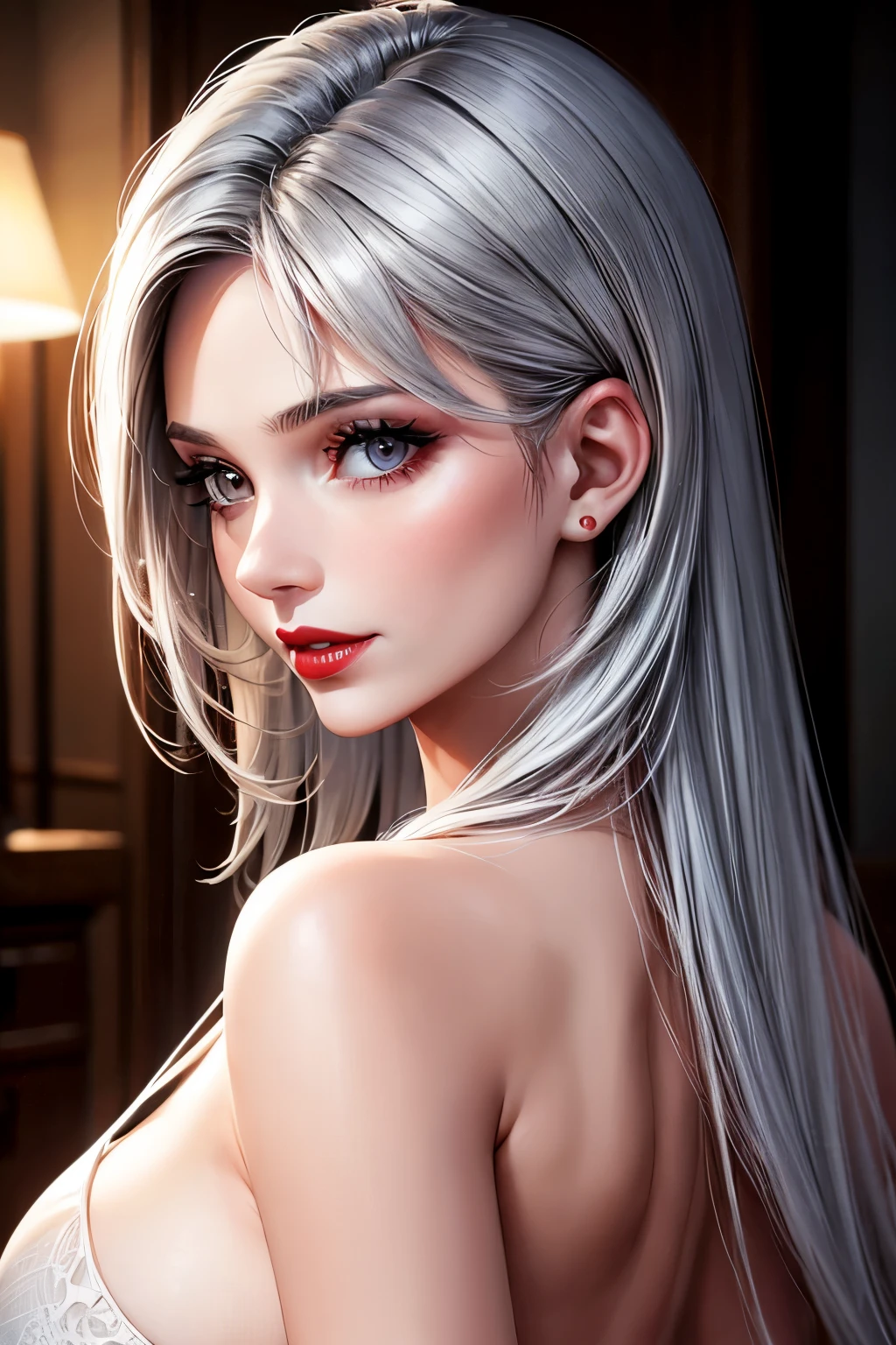 Woman, 30 years, adult, sexy top model, red lips, nigth, soft ligth, face detail, from behind