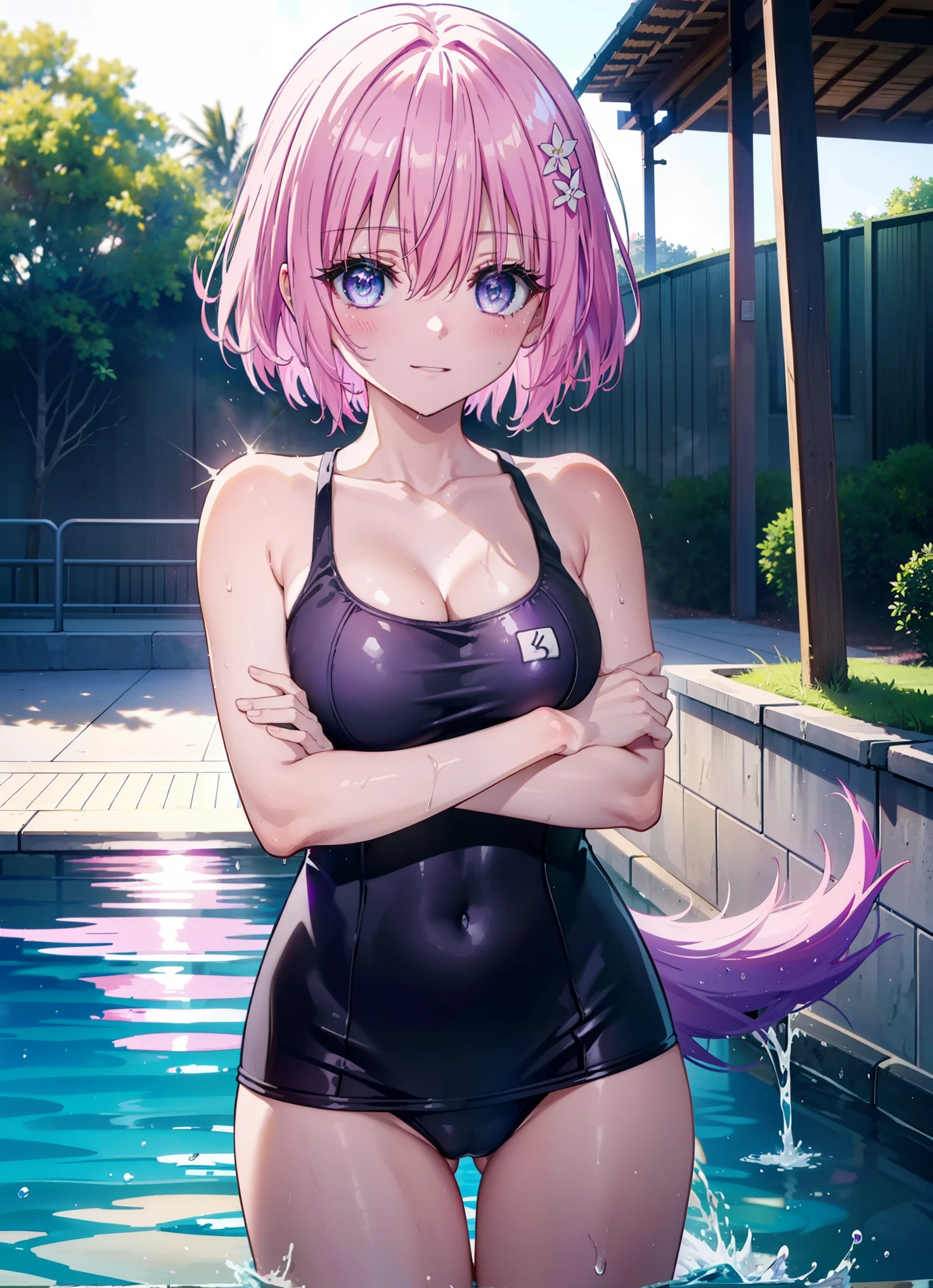 Momodeviluke, Deviluke type, demon tail, hair flower, hair ornaments, (purple eyes:1.1), pink hair, short hair, tail, smile,happy smile, smile, open your mouth,
break demon tail, green , school swimwear,wet hair,wet skin,barefoot,noon,Clear skies,
break ourdoors, School pool,
break looking at viewer, (cowboy shot:1.5),
break (masterpiece:1.2), highest quality, High resolution, unity 8k wallpaper, (figure:0.8), (beautiful detailed eyes:1.6), extremely detailed face, perfect lighting, extremely detailed CG, (perfect hands, perfect anatomy),