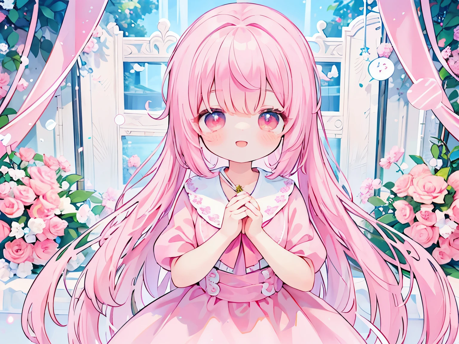 one girl、pink haired、A big smile、laughter、smile、shine、length、masterpiece、highest quality、best image quality、cute、pink dress、ribbon、ribbonドレス、頭にはribbonが、cute背景、ribbonの背景、pink eyes