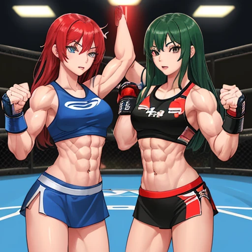 Two beautiful high school girls mixed martial artists with muscular bodies、They are exchanging kickuscular Abs。