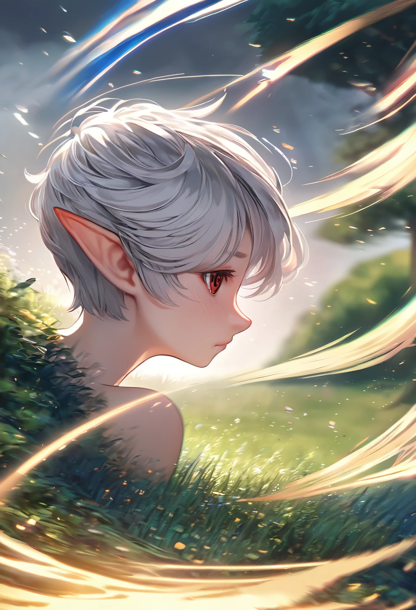 best quality, super fine, 16k, incredibly absurdres, extremely detailed, delicate, flashy and dynamic depiction, cute yet dignified beautiful elf, shy, short silver pixie cut hair, wind, wind-effect, red round eyes, slender proportion, leaning against a large tree in the lush grassland, background hazy, mysterious and fantastical, countless sparkling gold dust, motion-blur, action-lines, fantasy