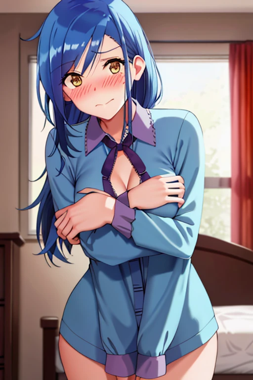 hight resolution, Breast Focus, Cowboy Shot, Looking at Viewer, bedroom, Curve, Blue hair, Middle hair, embarrassed,blush,medium breasts, Leaning forward,bent down, erotic
