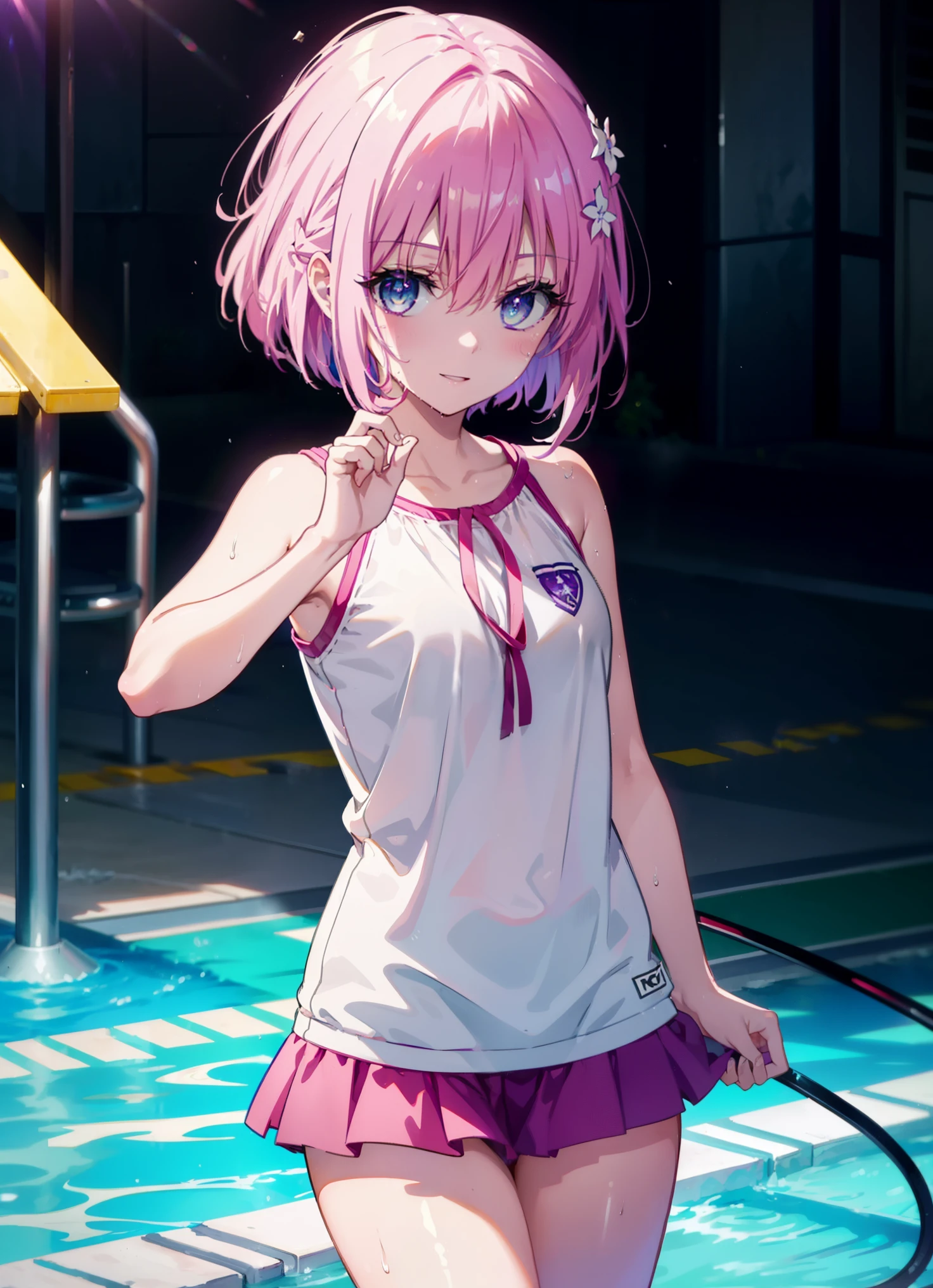 Momodeviluke, Deviluke type, demon tail, hair flower, hair ornaments, (purple eyes:1.1), pink hair, short hair, tail, smile,happy smile, smile, open your mouth,
break demon tail, green , school swimwear,wet hair,wet skin,barefoot,noon,Clear skies,
break ourdoors, School pool,
break looking at viewer, (cowboy shot:1.5),
break (masterpiece:1.2), highest quality, High resolution, unity 8k wallpaper, (figure:0.8), (beautiful detailed eyes:1.6), extremely detailed face, perfect lighting, extremely detailed CG, (perfect hands, perfect anatomy),