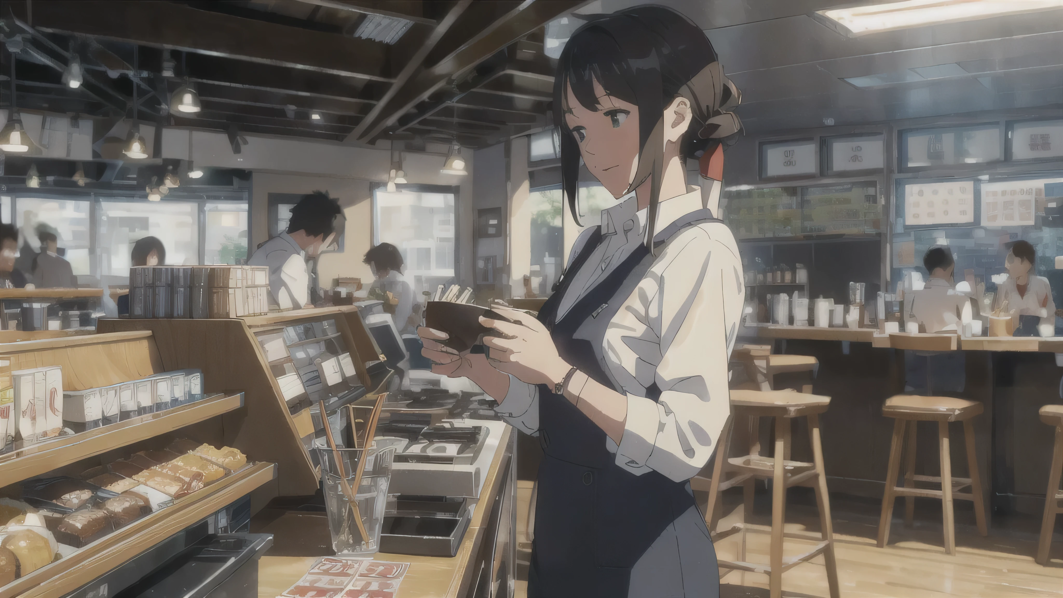 The Wind of Sincerity, anime, After the Rain, moving visual effects, Natural glare. Wearing a dress shirt and tie,denim, A 20-year-old with a kind face drinking coffee with 1 other person at a cafe, A pretty woman drinking coffee and listening to music happily, woman1people