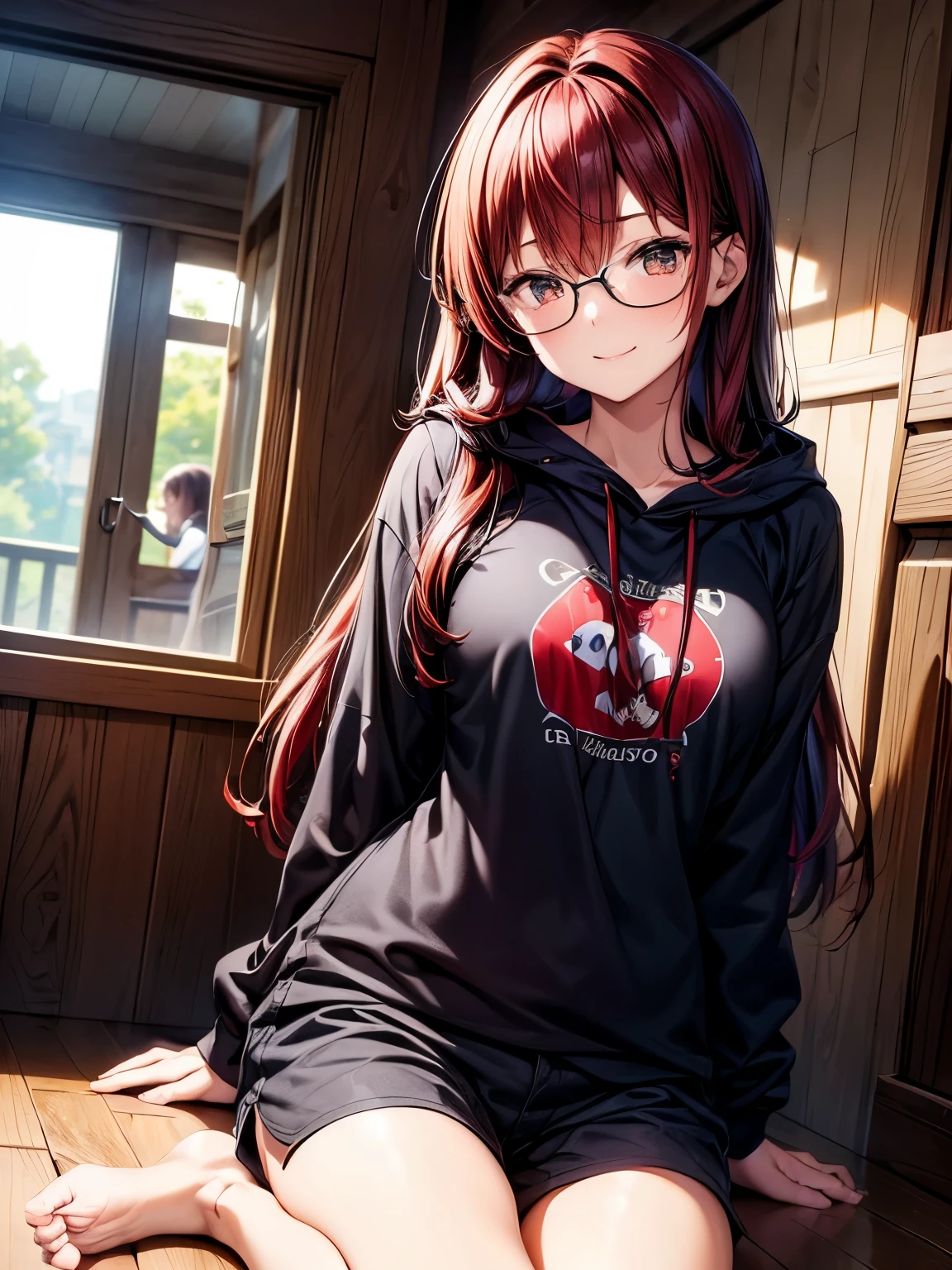 highest quality、nice sexy body、one woman、solo、((Beautiful busty woman:1.3))、((Woman with dark red hair:1.3))、straight hair woman、long hair woman、A woman wearing an oversized black hoodie、Woman wearing shorts、woman wearing glasses、garden、smiling woman