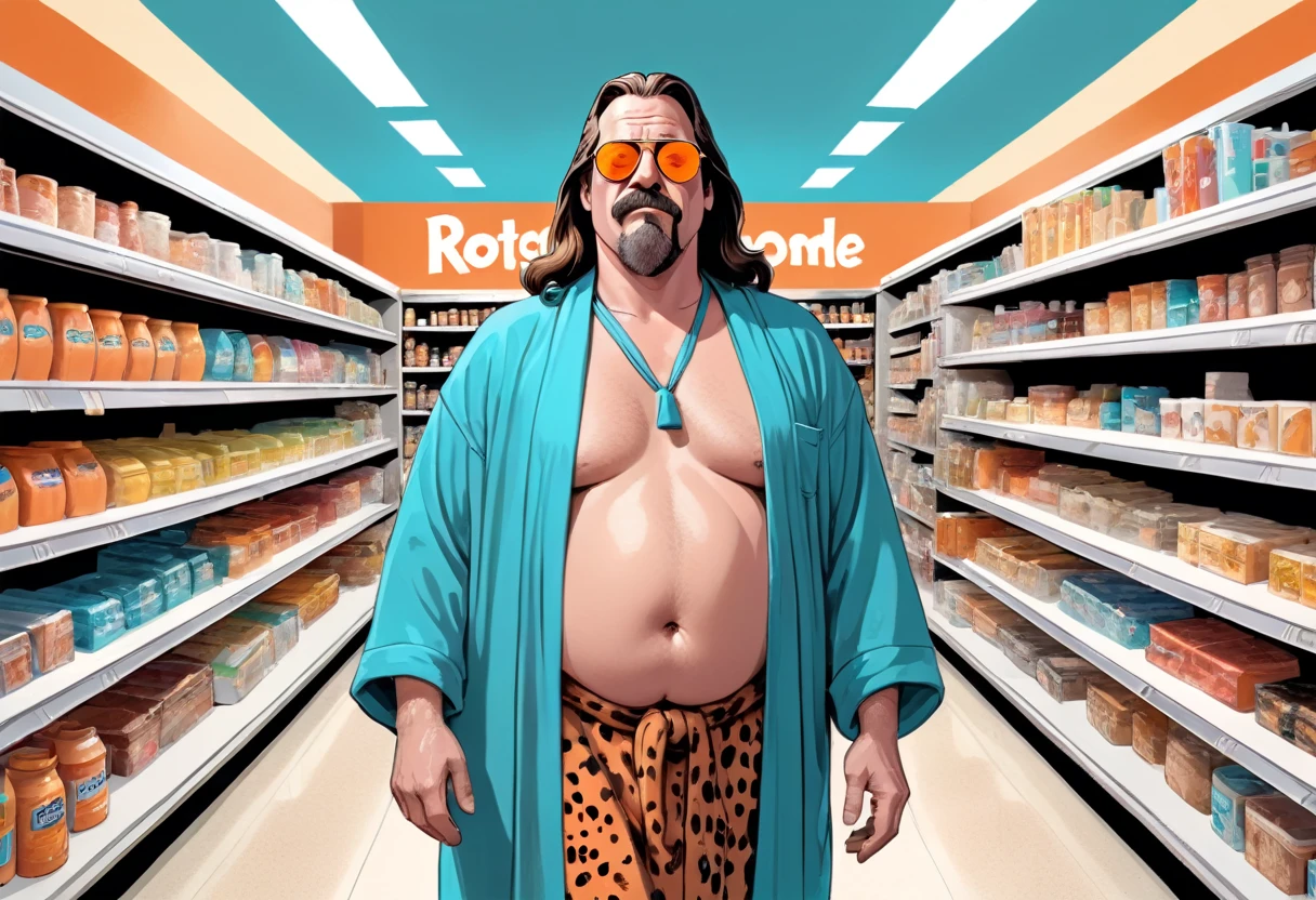 illustrate, (Flintstones, The Dude (big lebowski), inherent vice, style reference), hazy fever dream, inside convenience store past midnight, beyond place and time, visual jazz, (fred Flintstone, with black hair, thick eyebrows, a large nose, and tan beard stubble. He wears a deep sky blue or aqua teal-green necktie, an orange and animal print black-spotted loincloth, and has a large belly, portraying the Dude from Big Lebowski, wearing sunglass aviators and a loose fitting bathrobe), shopping in the aisles of a convenience store, food shelves, fish eye lens, panoramic view, hyper realism, too real, intense, hyper maximal, strange, cel shading, rich color grading, broad spectrum of ROYGBIV, deep warm hazy hues, hand drawn with realism, rotoscope, cinematic, framing and composition,