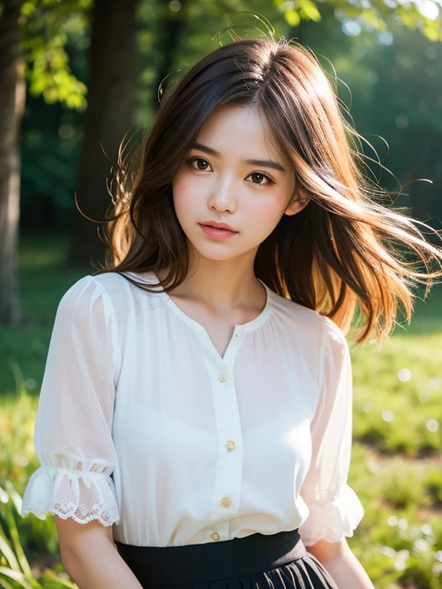 Realistic pictures of cute girls、White blouses、a miniskirt、Bokeh