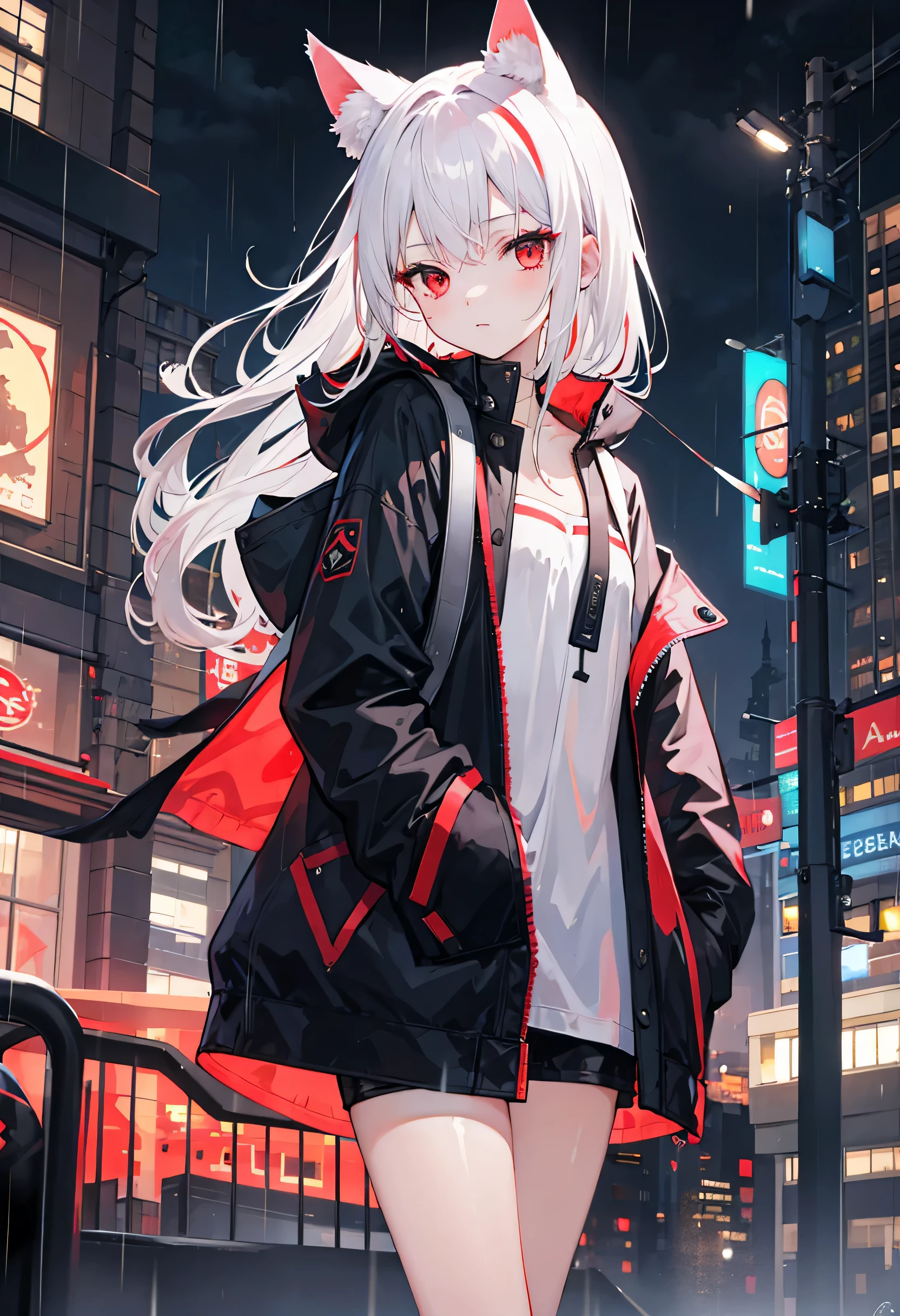 1girl,best quality, masterpiece, detailed, night city, rain, jacket, red eyes, white hair, red hair, flat chest, beautiful eye, cat ears