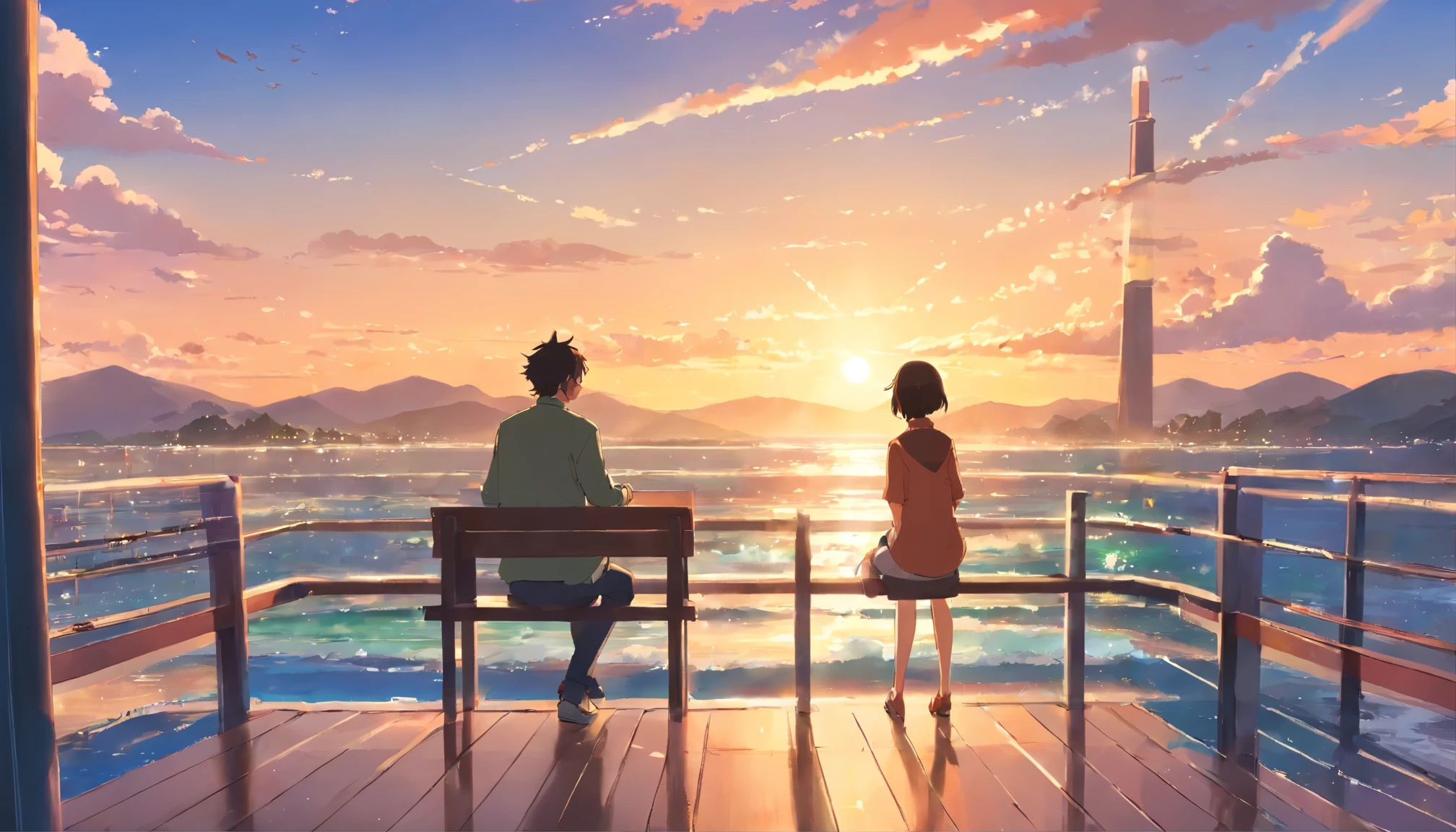 (Masterpiece, Top Quality), Fine Detail, 8K, Art Station, Official Art, Splash Art, Sharp Fixed Focus, Back View, Sitting Looking Beyond, Large Portrait of a Person, Author: Afro,Yuru Canvas, Age 50's Male and Female, Couple, Pop Team Epic