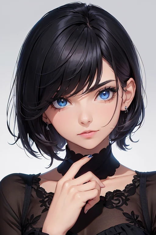 ((Mejor calidad)), ((obra maestra)), (detallado), cara perfecta, ojos azules, cabello negro corto con flequillo estilo bob labios voluminosos nariz respingada belleza extraordinaria y muy detallado