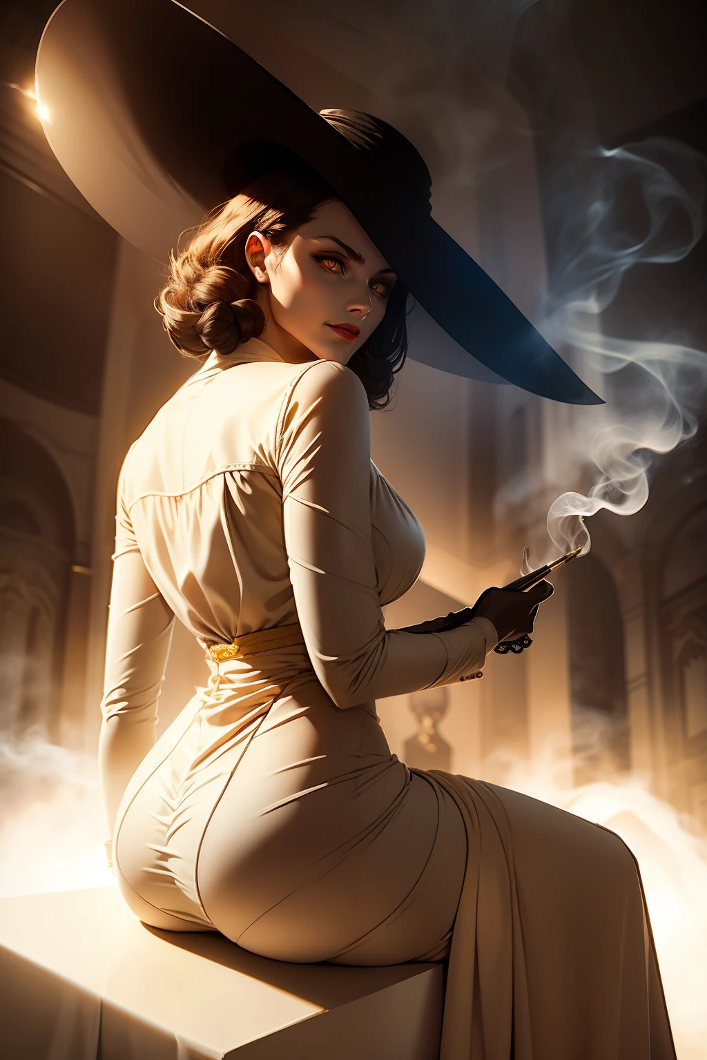 1girl,alcina dimitrescu,yellow eyes,masterpiece,sitting,smoking,from behind,white gown,hat,