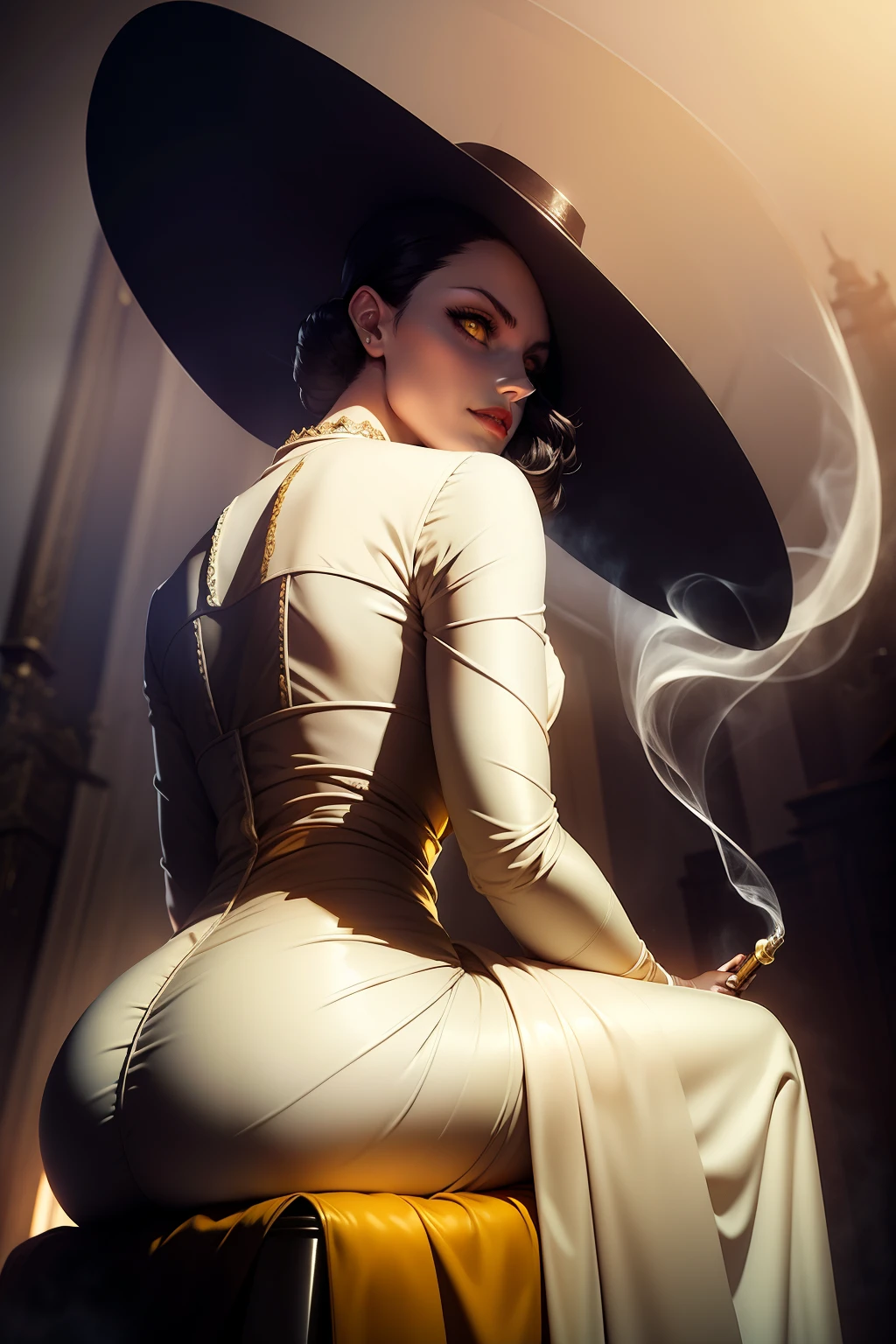 1girl,alcina dimitrescu,yellow eyes,masterpiece,sitting,smoking,from behind,white gown,hat,