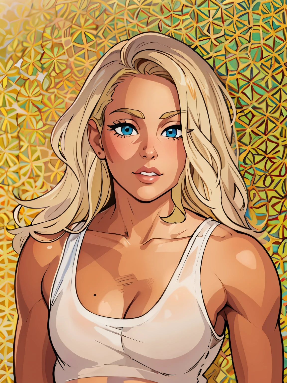 Flat colors, close up, portrait of a 25 year old surfer looking girl, tan skin, beach blonde salty hair, natural beaty, beautiful, casual, see thru tank top, Cleavage simply white background
