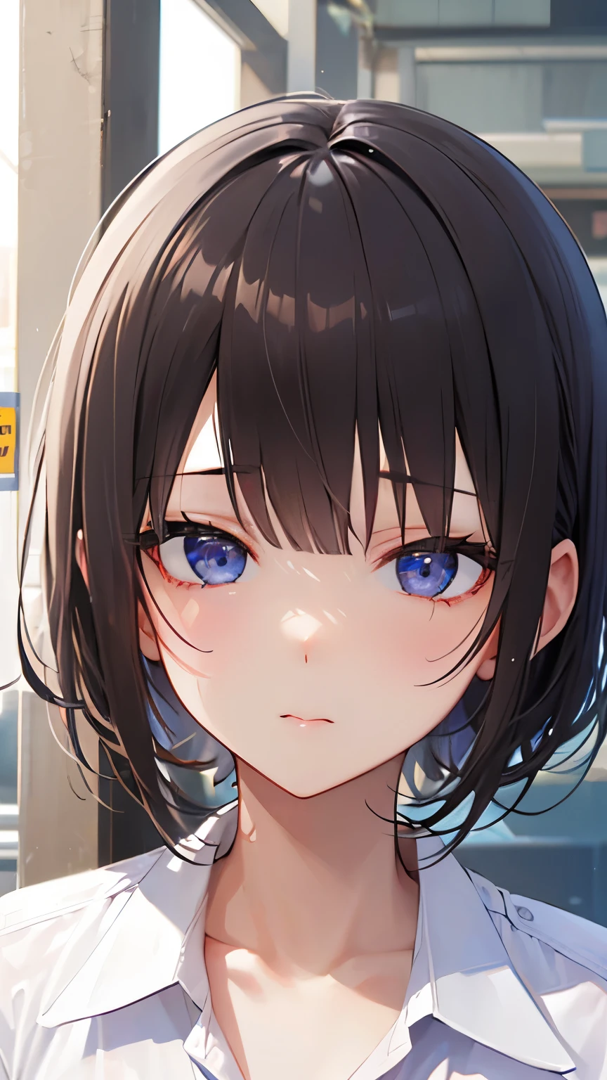 (((Best quality, 8k, Masterpiece: 1.3)), Sharp focus, Slim abdomen,  (White shirt), (Street: 1.2), Highly detailed face and skin texture, Detailed eyes, Double eyelid, Japanese high school girl, brown hair, sleepy face, (in high school), (high school uniform)