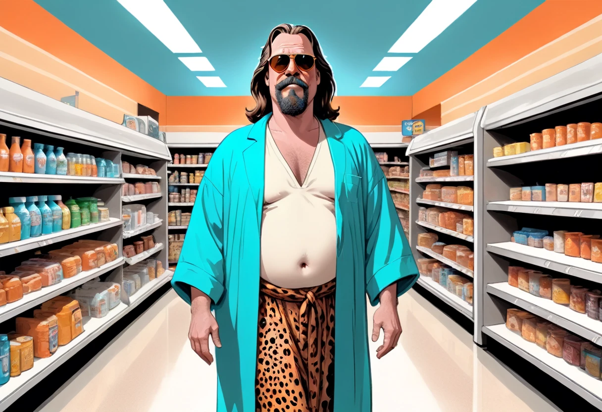 illustrate, (Flintstones, The Dude (big lebowski), inherent vice, style reference), hazy fever dream, inside convenience store past midnight, beyond place and time, visual jazz, (fred Flintstone, with black hair, thick eyebrows, a large nose, and tan beard stubble. He wears a deep sky blue or aqua teal-green necktie, an orange and animal print black-spotted loincloth, and has a large belly, portraying the Dude from Big Lebowski, wearing sunglass aviators and a loose fitting bathrobe), shopping in the aisles of a convenience store, food shelves, fish eye lens, panoramic view, hyper realism, too real, intense, hyper maximal, strange, cel shading, rich color grading, broad spectrum of ROYGBIV, deep warm hazy hues, hand drawn with realism, rotoscope, cinematic, framing and composition,
