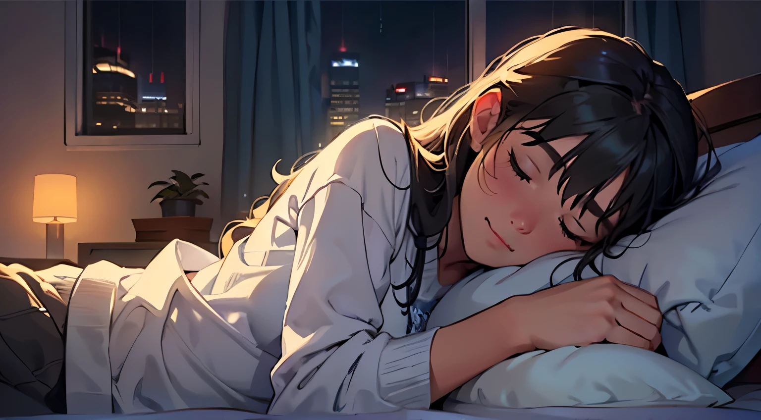 A teenage girl sleeping comfortably in a bed with white sheets and pillows on a quiet, quiet night. Disney style illustration. The room is dark, and the light shines softly on her face. It's raining outside the window, and the background is a cityscape illuminated by numerous lights. A candle is softly lit on the windowsill.