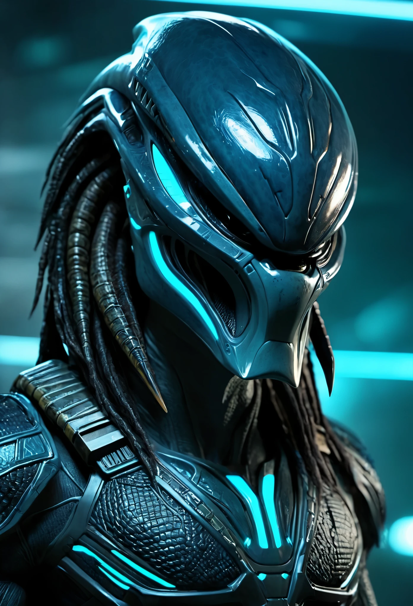 alien predator wearing tron suit clothing, solo, male, sharp teeth, upper body, looking at viewer, photorealistic, 8k, unreal engine, inspired by HR Giger, half body portrait, highly detailed, 8k,