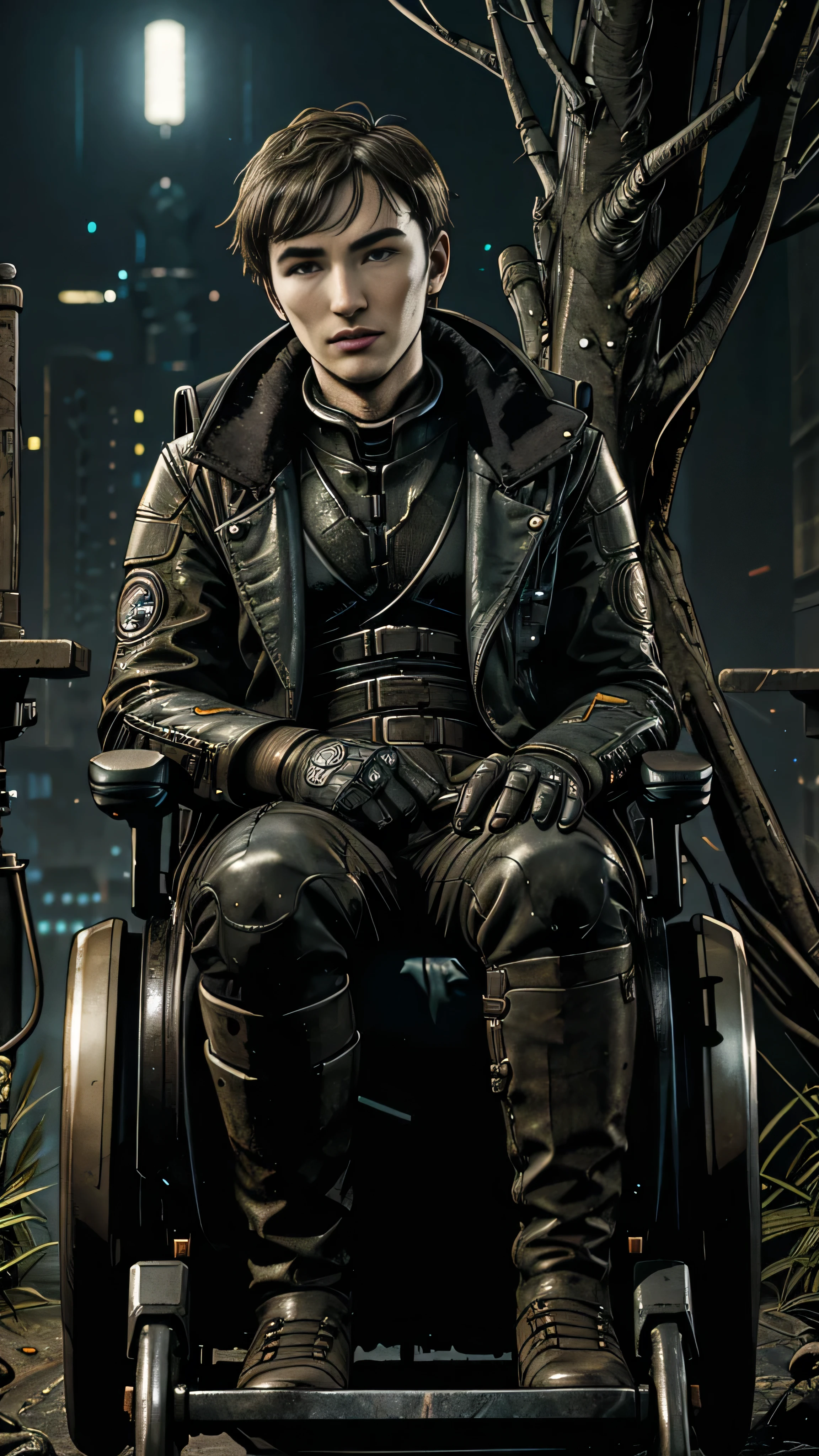 CyberpunkAI, Isaac Hempstead Wright as br4nst4, blind, sitting in a cyberpunk wheelchair, near a big iron tree, cyberpunk garden, (1man), (solo), beautiful detailed glow, detailed, cinematic light, intricate detail, realistic, highres, detailed facial features, high detail, sharp focus, smooth, aesthetic, extremely, detailed, stamp, octane render