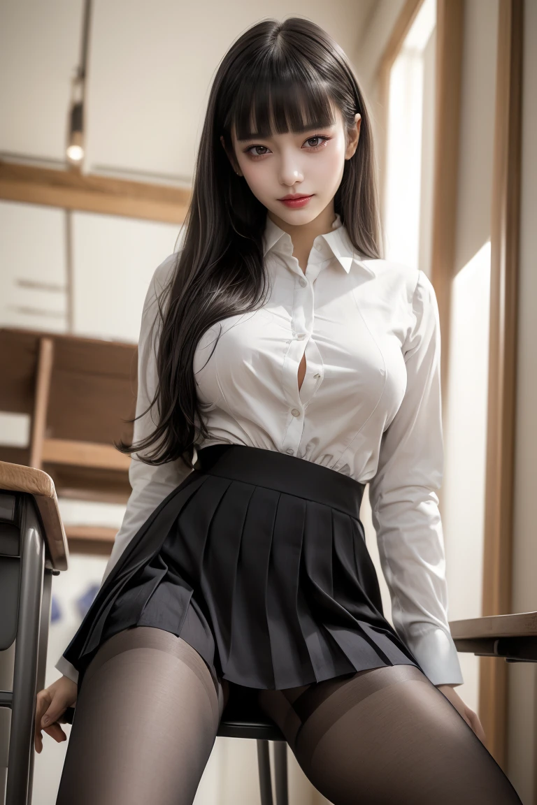 ultra high resolution、(((dull bangs, princess bangs))), (((very heavy,very voluminous bangs:1.1))),(((very length, very heavy,Very voluminous side locks:1.1))),, princess cut, Straight bang hairstyle, Round face with dull bangs, length, Dull Hair、bangs are cut straight,(masterpiece, highest quality:1.5), (Ultra-detailed 8K CG:1.4), (hyperrealistic:1.25), (Photorealistic:1.25), (realistic:1.4), cowboy shot, (Look above:1.35), (1 from the front.4), (smile1.3), one beautiful japanese girl, , Supermodel, japanese idol, (smile), big breasts, Sweat、(school uniform:1.5)、(sitting on a chair in the classroom)、emphasize cleavage:1.5、black hair:1.2、full body image、((real person:1.5))、を着て'blazer、(black tights:1.2)、(from below:1.2)、(spread legs:1.2)