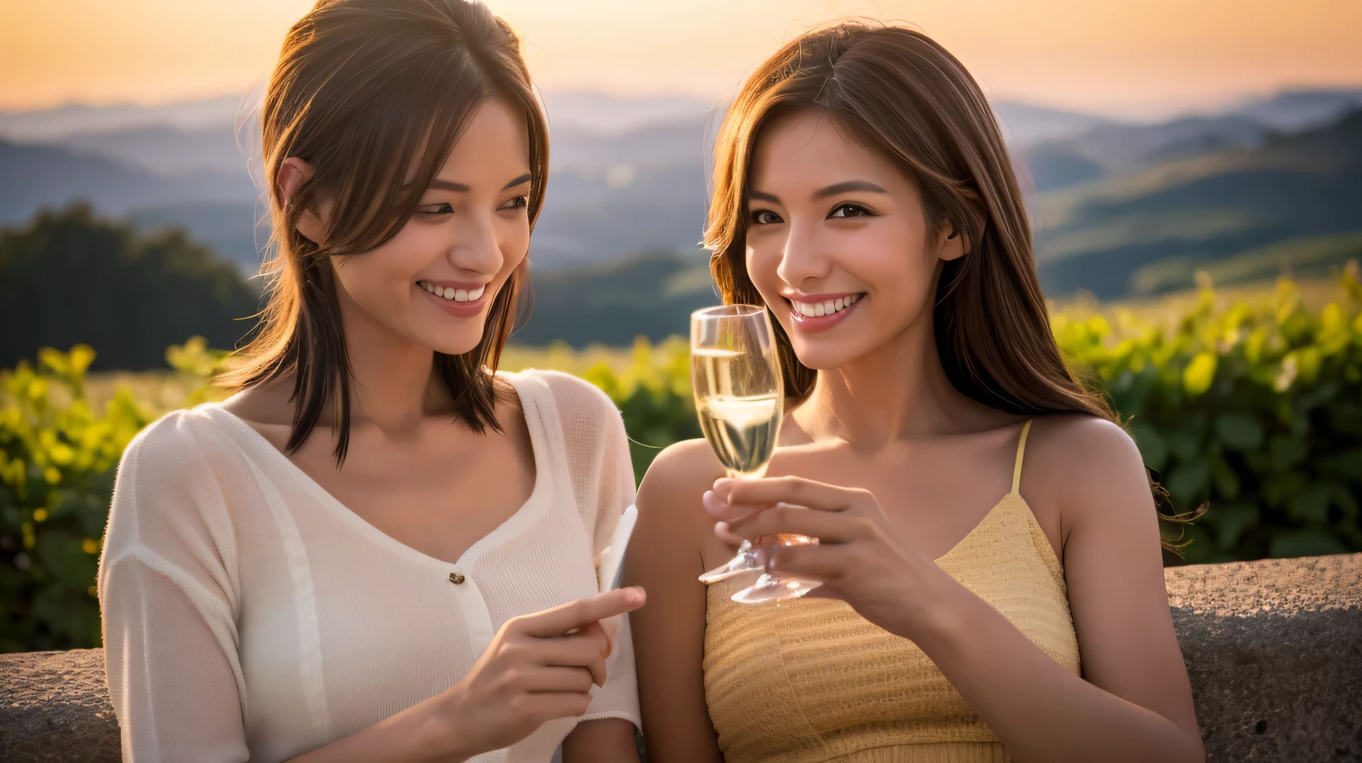 8K,Champagne、sparkling wine、wine glass、Spectacular view of the sunset sky and clouds、Amazing mountain views、A bright smile、A lovely woman with a smile、The woman&#39;s face is bright、fox face、lady、Wine Party、hors d'oeuvre、Italian food、2 beauties、42 years old、39 years old、brown hair、shortcut、,super beautiful(like the real thing),Boyish brown-haired woman,casual clothes,shorts,smile,masterpiece,Photorealistic RAW photos of the highest quality。bright colors,rich colors, Backlight, cinematic lighting, film grain, to be born, 50MM lens, Nikon D850,super realistic skin,fantasy art,character art,ultra high resolution,realistic scale skin,Perfect hand shape,view audience,smile,beautiful expression,close,Slim, muscular body,compensate,