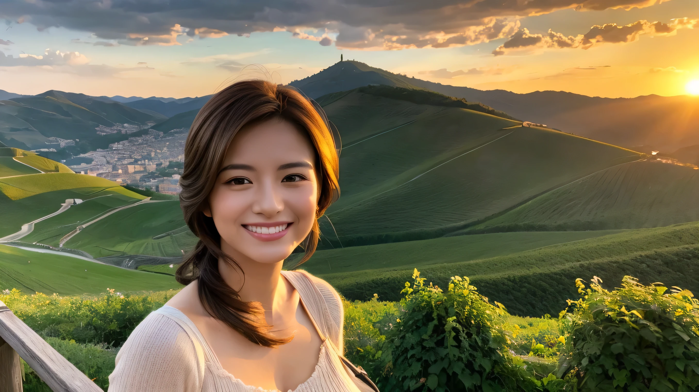 8K,Champagne、sparkling wine、wine glass、Spectacular view of the sunset sky and clouds、Amazing mountain views、A bright smile、A lovely woman with a smile、The woman's face is bright、fox face、lady、Wine Party、hors d'oeuvre、Italian food、2 beauties、42 years old、39 years old、brown hair、shortcut、,super beautiful(like the real thing),Boyish brown-haired woman,casual clothes,shorts,smile,masterpiece,Photorealistic RAW photos of the highest quality。bright colors,rich colors, Backlight, cinematic lighting, film grain, to be born, 50MM lens, Nikon D850,super realistic skin,fantasy art,character art,ultra high resolution,realistic scale skin,Perfect hand shape,view audience,smile,beautiful expression,close,Slim, muscular body,compensate,