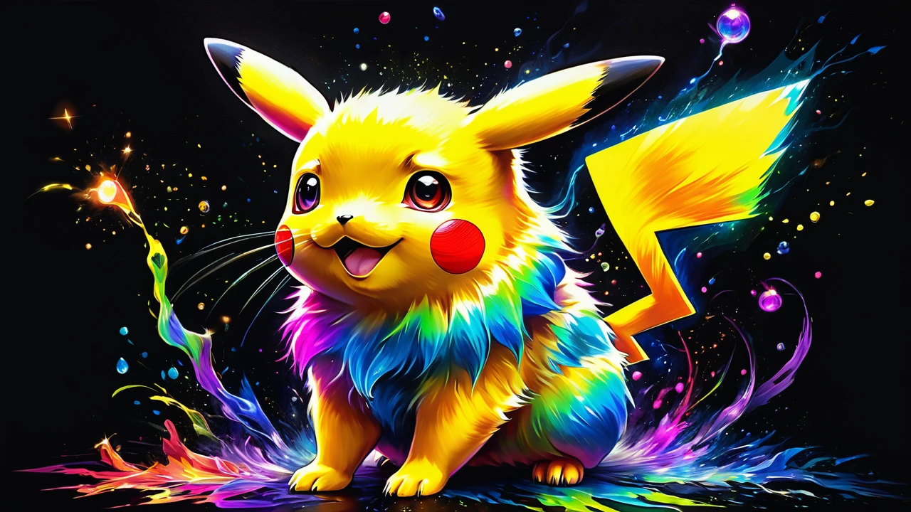 A painting of a colorful pikachu on a black background, breathtaking rendering, within a radiant connection, inspired by Kinuko Y. Artwork, magical elements, kitten icon, wow, it's beautiful, casting a multicolored spell, bright flash, shine | realistic portrait