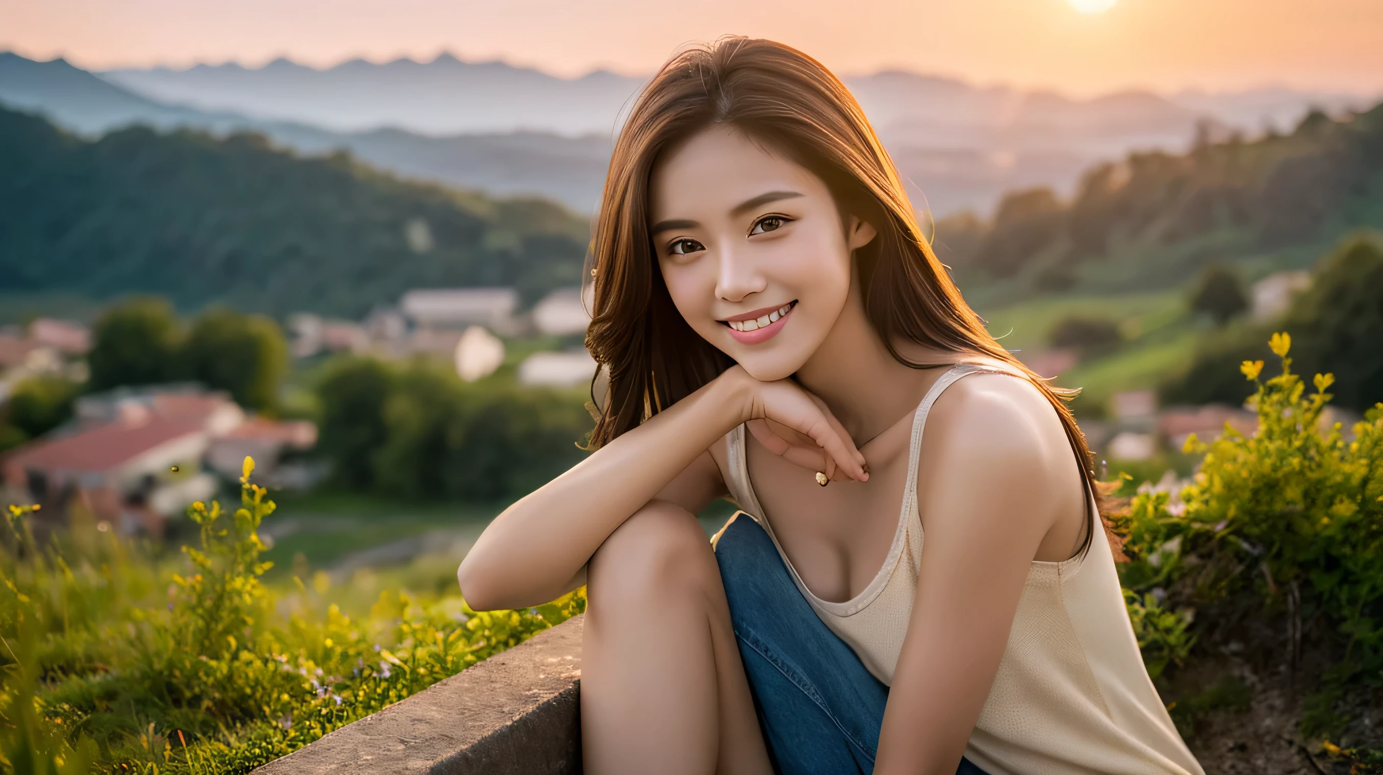 8K,Champagne、sparkling wine、wine glass、Spectacular view of the sunset sky and clouds、Amazing mountain views、,super beautiful(like the real thing),Boyish brown-haired woman,casual clothes,shorts,smile,masterpiece,Photorealistic RAW photos of the highest quality。bright colors,rich colors, Backlight, cinematic lighting, film grain, to be born, 50MM lens, Nikon D850,super realistic skin,fantasy art,character art,ultra high resolution,realistic scale skin,Perfect hand shape,view audience,smile,beautiful expression,close,Slim, muscular body,compensate,