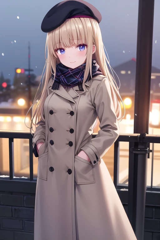 solo girl, 20 years old,long hair, medium breast, happy,pea coat,beret,fluffy scarf,maxi skirt ,outdoors, winter,snow, Best Quality, High resolution, Extremely detailed, Detailed background, Perfect Lighting
