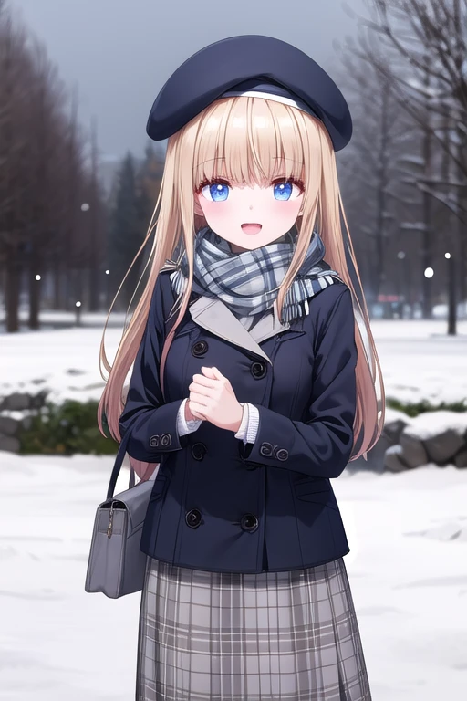 solo girl, 20 years old,long hair, medium ??????, happy,pea coat,beret,fluffy scarf,maxi skirt ,outdoors, winter,snow, Best Quality, High resolution, Extremely detailed, Detailed background, Perfect Lighting