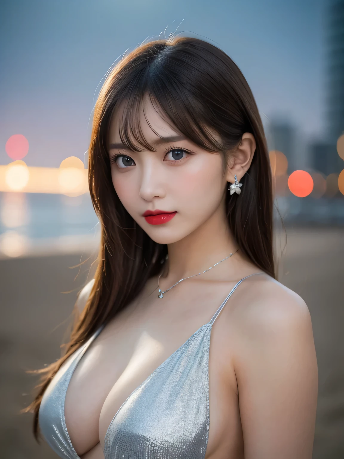 Beautiful city college girl, masterpiece, light makeup, red lips, silver hair, long tousled hair, cityscape background, beautiful and elegant. Ultra-fine details, masterpieces, authentic textures, cinematic lighting realism, perfect works, 16K, HD, exquisite features, blue eyes, Japanese idols, beautiful faces, cute smiles, brown hair, beautiful hair, Glamorous, ???????????, ????? ???????, oily muscles, shiny skin, tanned skin, dark glowing skin, photographed on the beach, professional photographer, ???? ??????, : 1.3, bright big eyes, smooth skin, earrings, necklace , tattoo