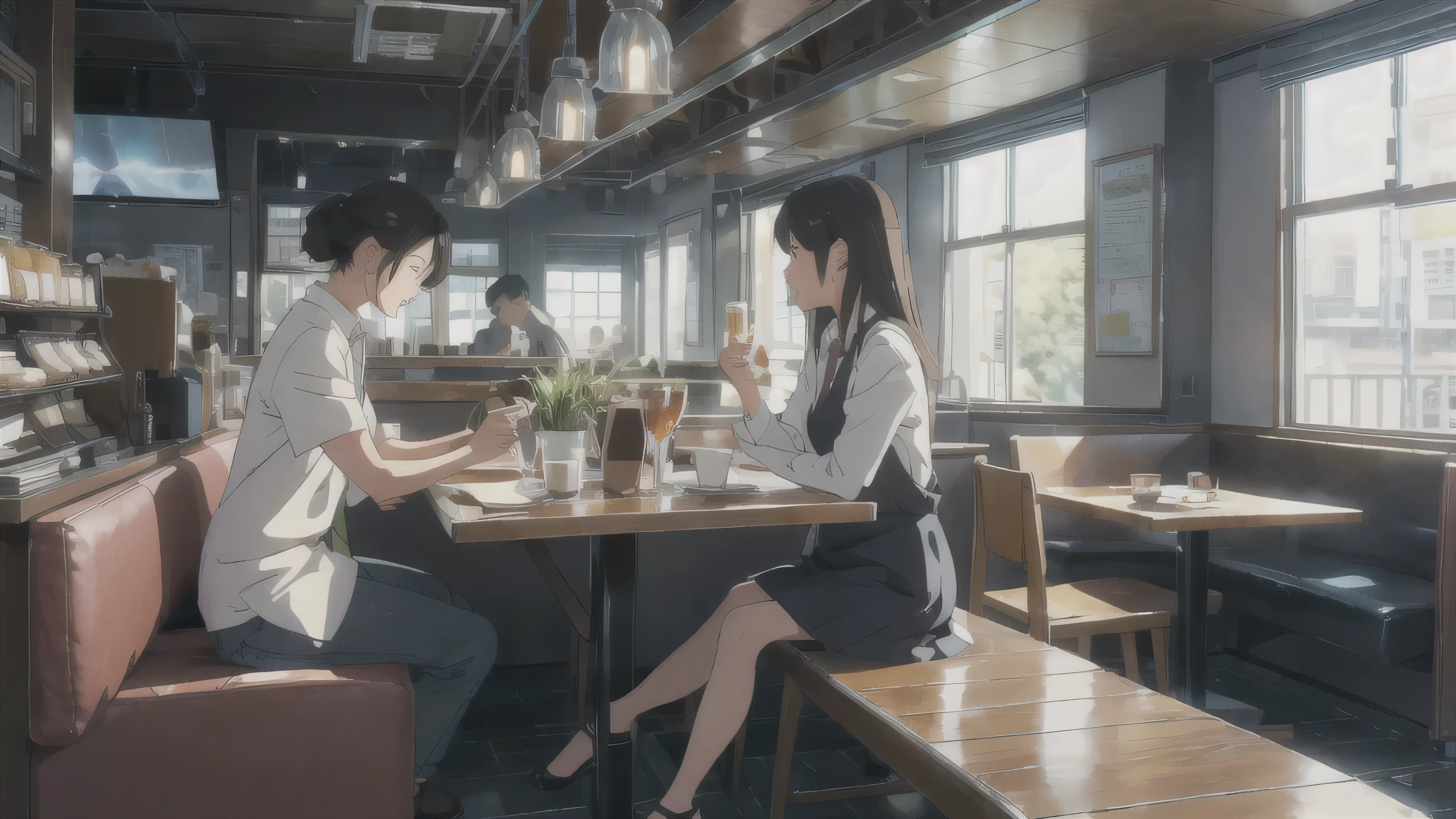 The Wind of Sincerity, anime, After the Rain, moving visual effects, Natural glare. Wearing a dress shirt and tie,denim, A 20-year-old with a kind face drinking coffee with 1 other person at a cafe, A pretty woman drinking coffee and listening to music happily,  woman１people