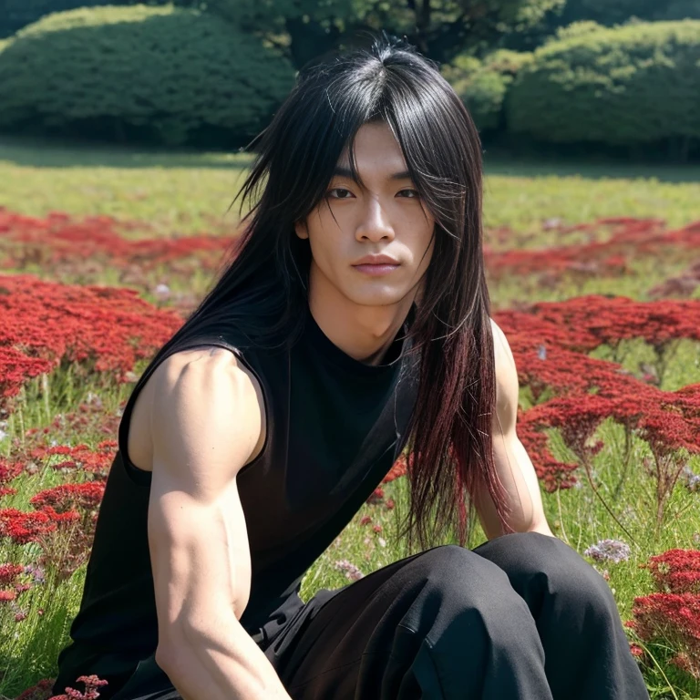 1 man, Japanese man, male, Asian eyes, muscular, broad shoulders, dragon tattoos, hairstyle Visual Kei style, hair Visual Kei, black men's shirt and black pants, ultra detailed face, hyperrealistic, realistic representation, long hair, long hair, 30 years old, age 30 years, blond, blonde hair, sitting on a meadow behind him you can see Mount Fuji Japan