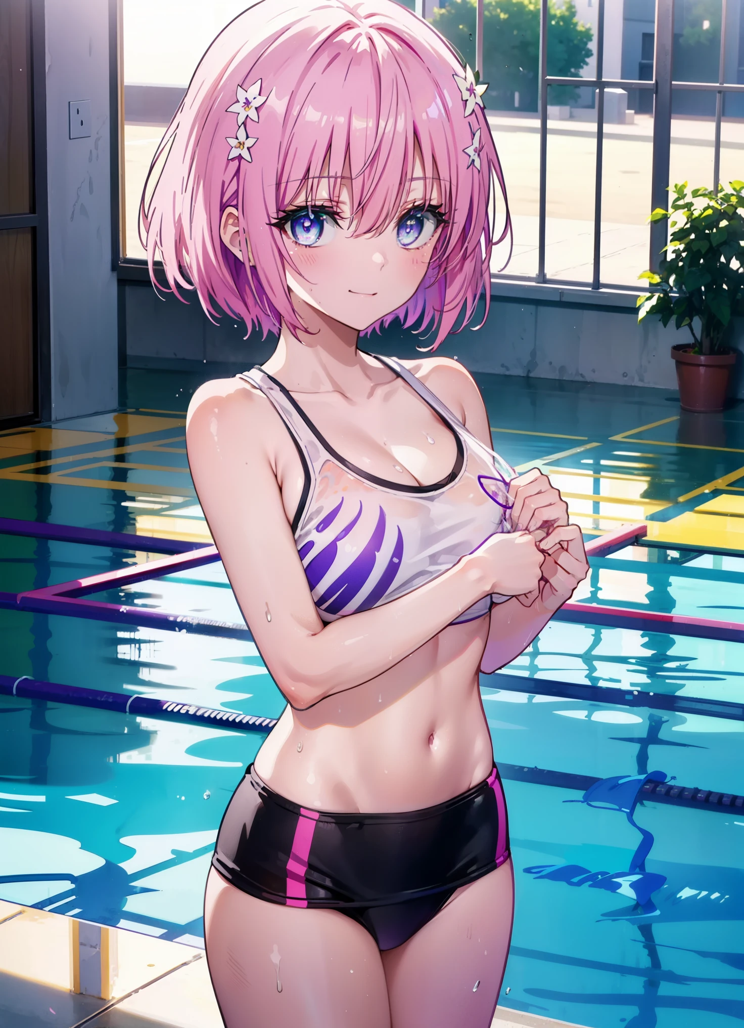 Momodeviluke, Deviluke type, demon tail, hair flower, hair ornaments, (purple eyes:1.1), pink hair, short hair, tail, smile,happy smile, smile, open your mouth,
break demon tail, green , school swimwear,wet hair,wet skin,barefoot,noon,Clear skies,
break ourdoors, School pool,
break looking at viewer, (cowboy shot:1.5),
break (masterpiece:1.2), highest quality, High resolution, unity 8k wallpaper, (figure:0.8), (beautiful detailed eyes:1.6), extremely detailed face, perfect lighting, extremely detailed CG, (perfect hands, perfect anatomy),